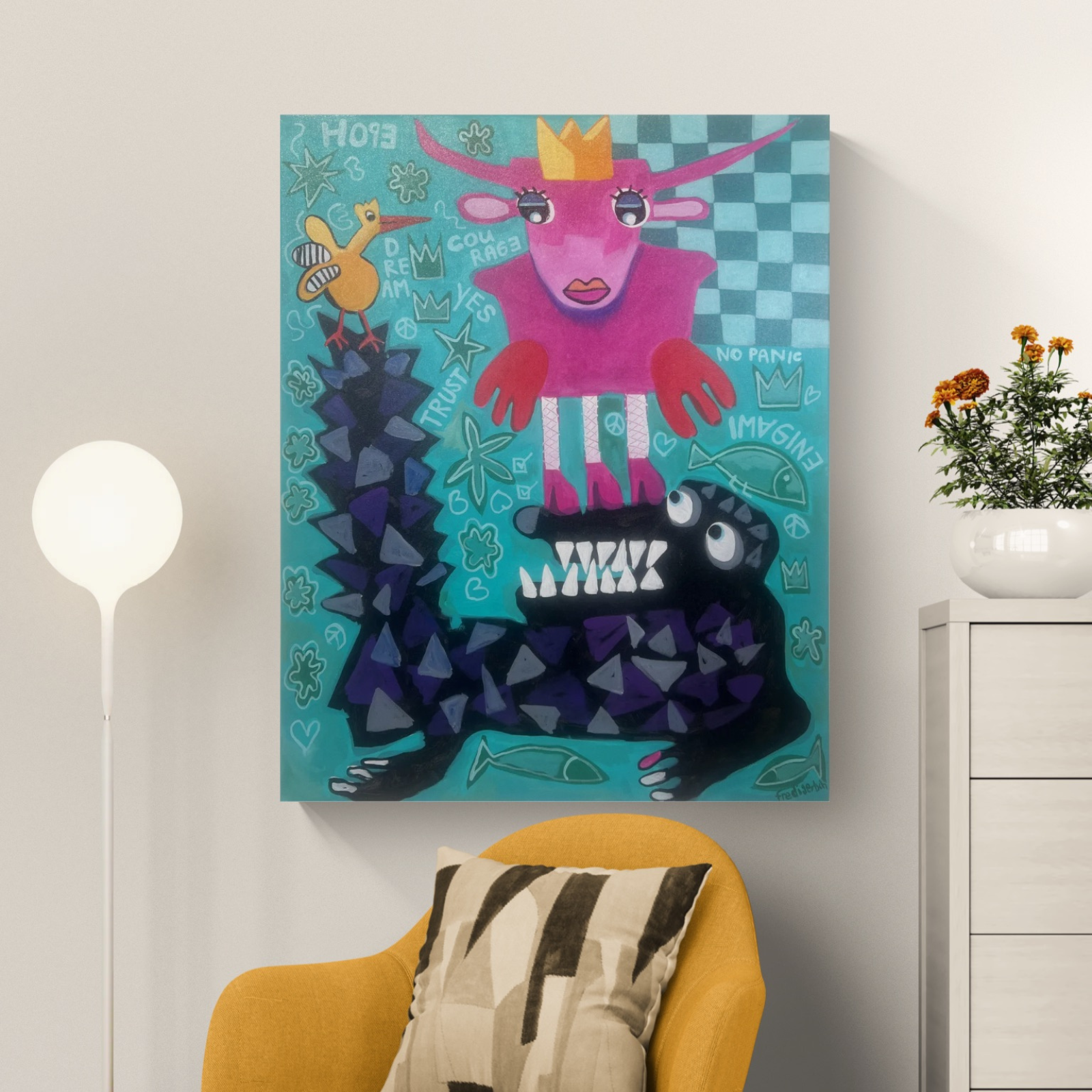 KrokoLove – Trust the Yes als Wandbild im Raum, Originalgemälde 80x100 cm von Fredi Gertsch, Acryl auf Leinwand