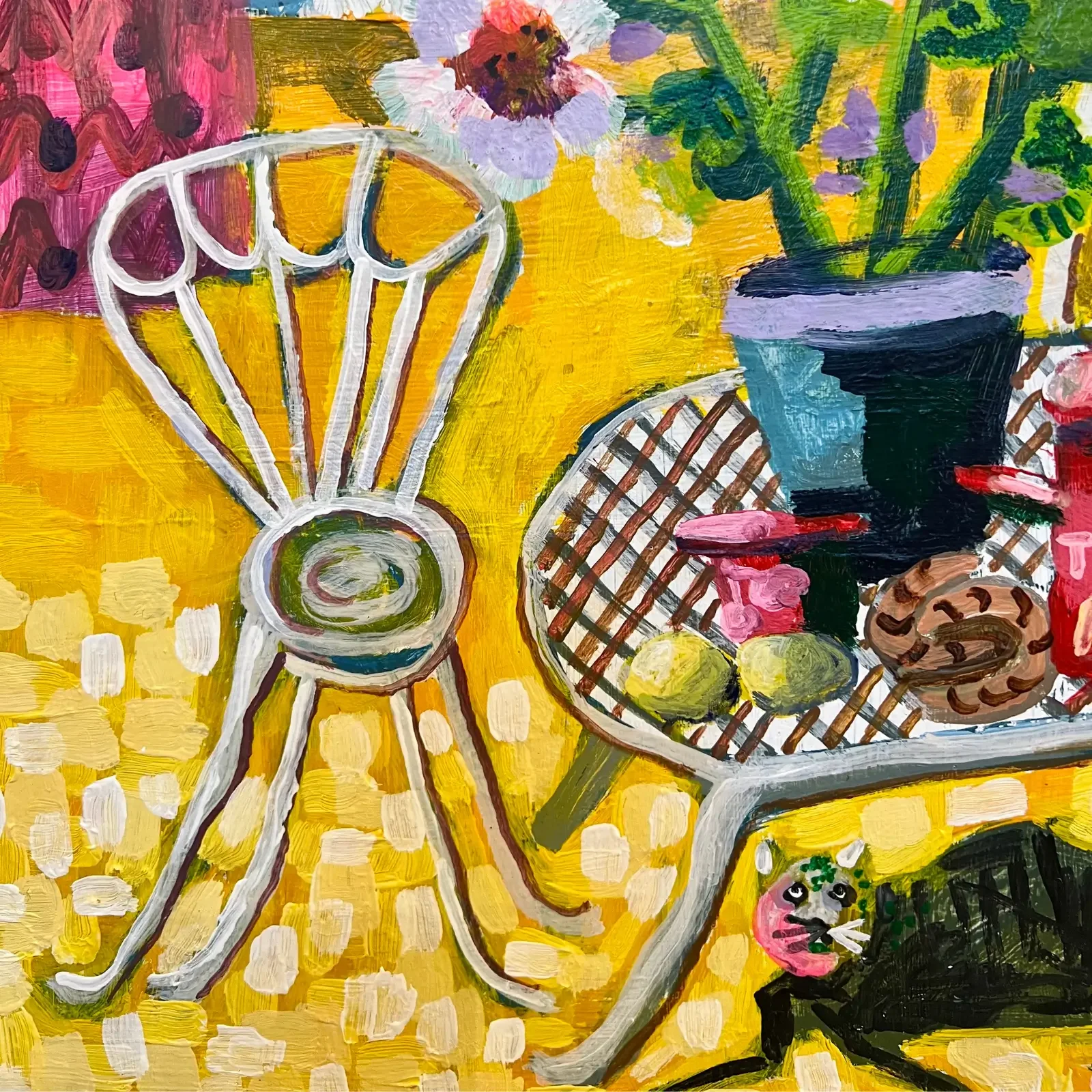 Detail Stuhl und Tisch mit Blumen, Pop Art Acrylgemälde Tea Time im Blütenzimmer, Fredi Gertsch, 2024