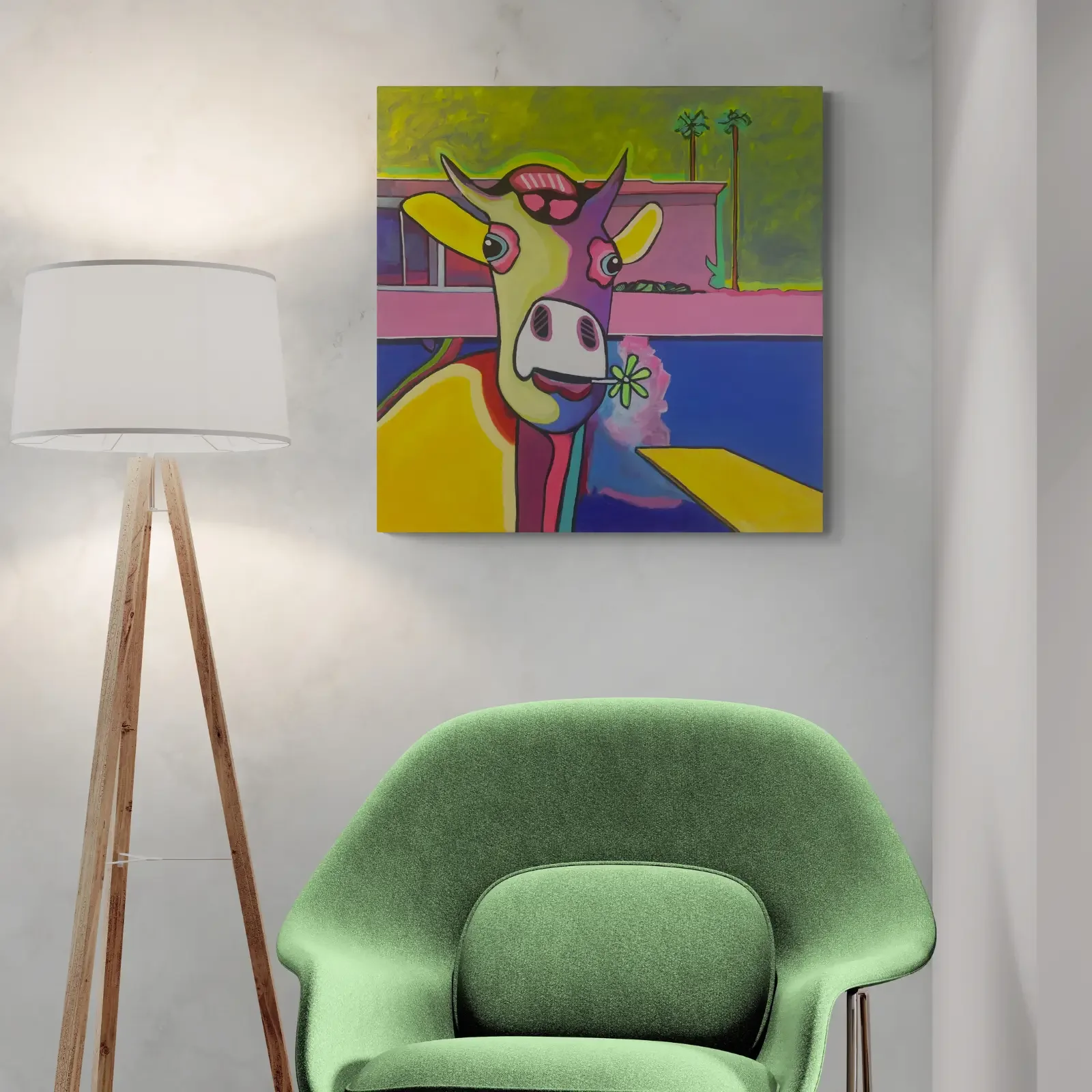 Baby Meets David, Pop Art Acrylgemälde von Fredi Gertsch, Wandbild im modernen Wohnzimmer, Schweizer Kunst, 2024