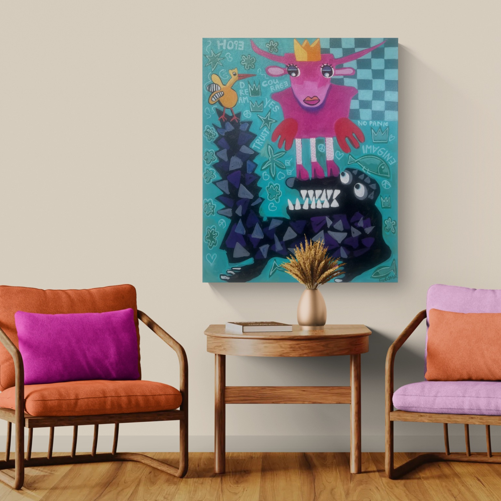 KrokoLove – Trust the Yes als Wandbild im Wohnzimmer, Original 80x100 cm von Fredi Gertsch, Acryl auf Leinwand