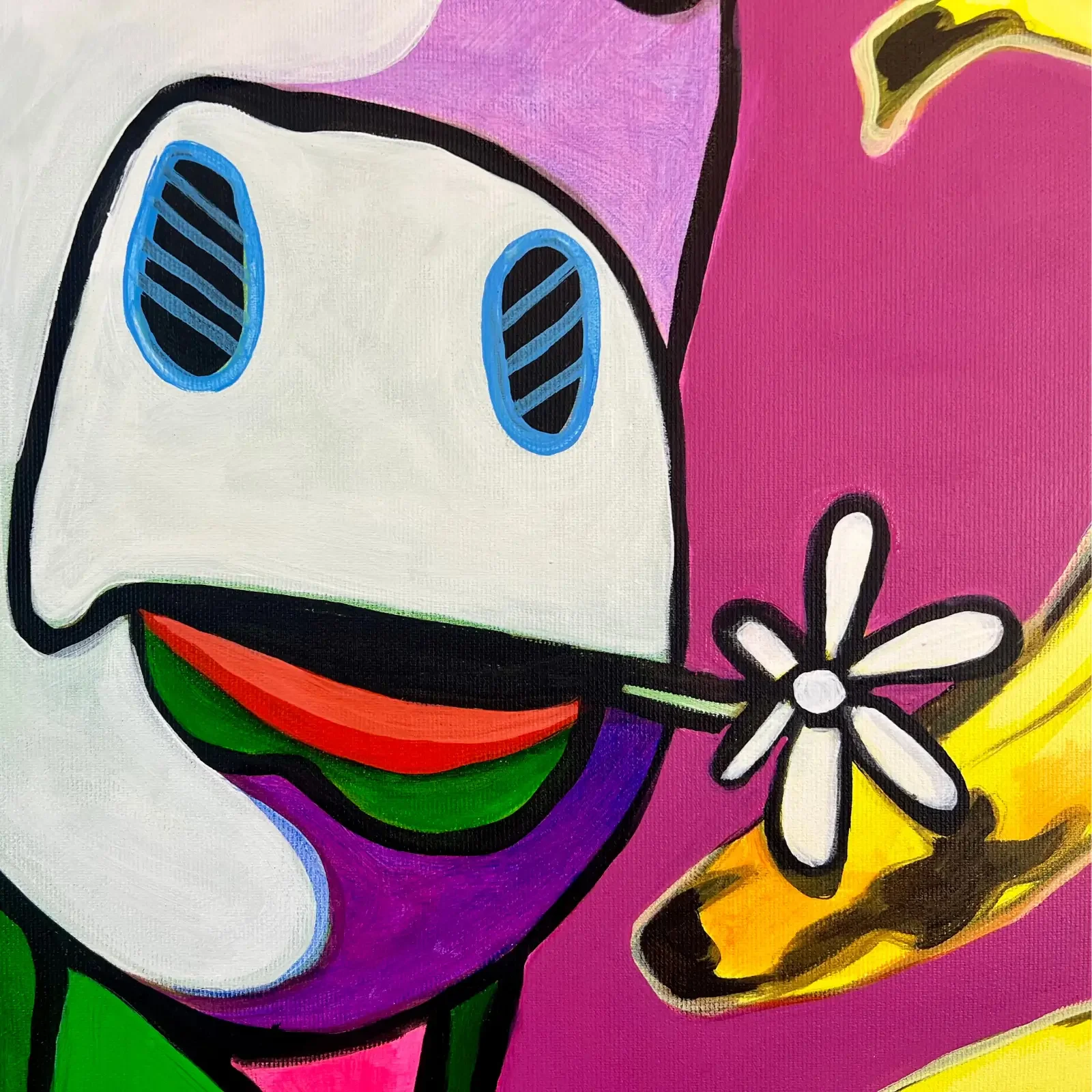 Detail Kuhmaul mit Blume, Pop Art Acrylgemälde Baby Meets Andy, Fredi Gertsch, 2024