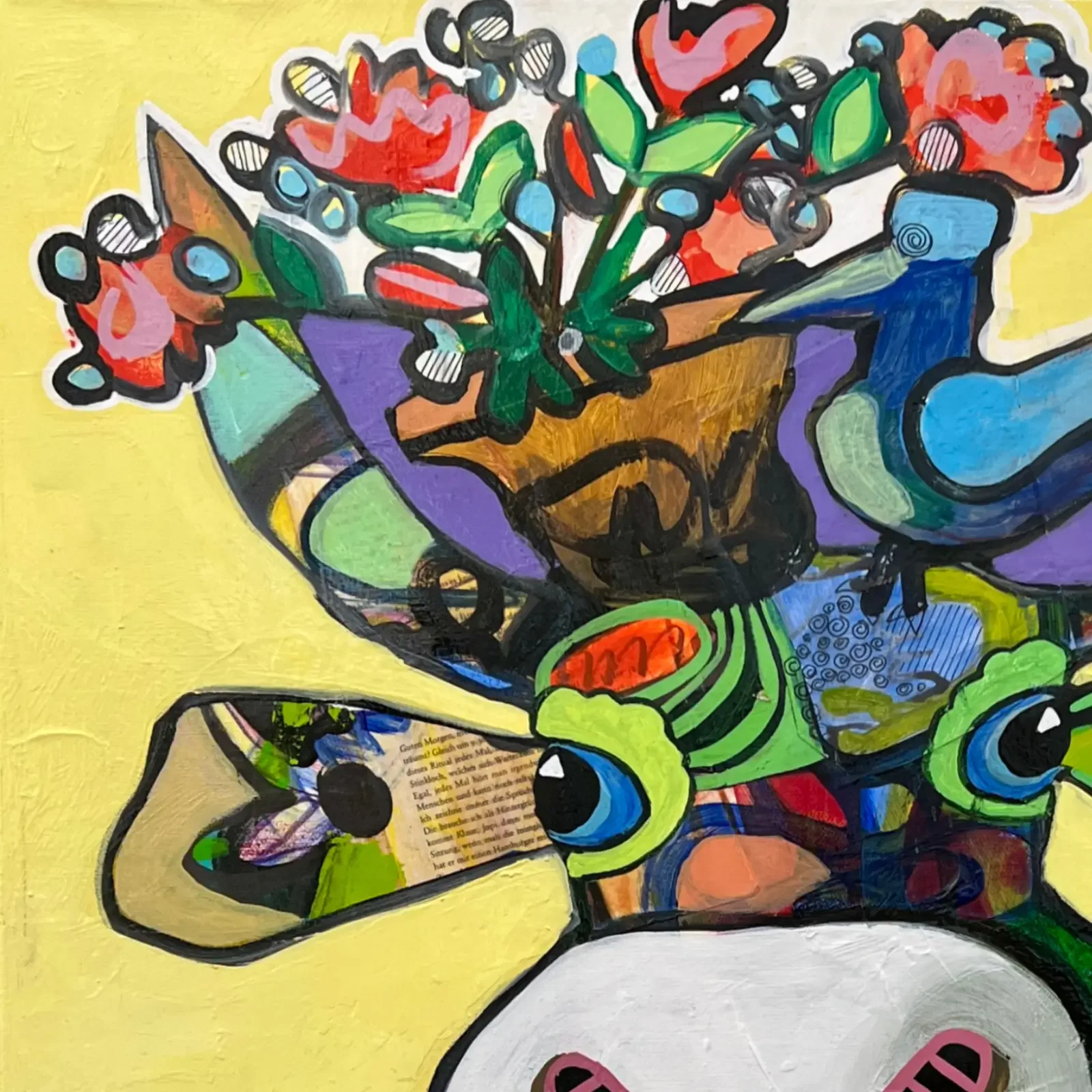 Detail Blumen, Herzen und grafische Formen, Pop Art Acryl Mixed Media VogelLisi – Sunshine Bouquet, Fredi Gertsch, 2026
