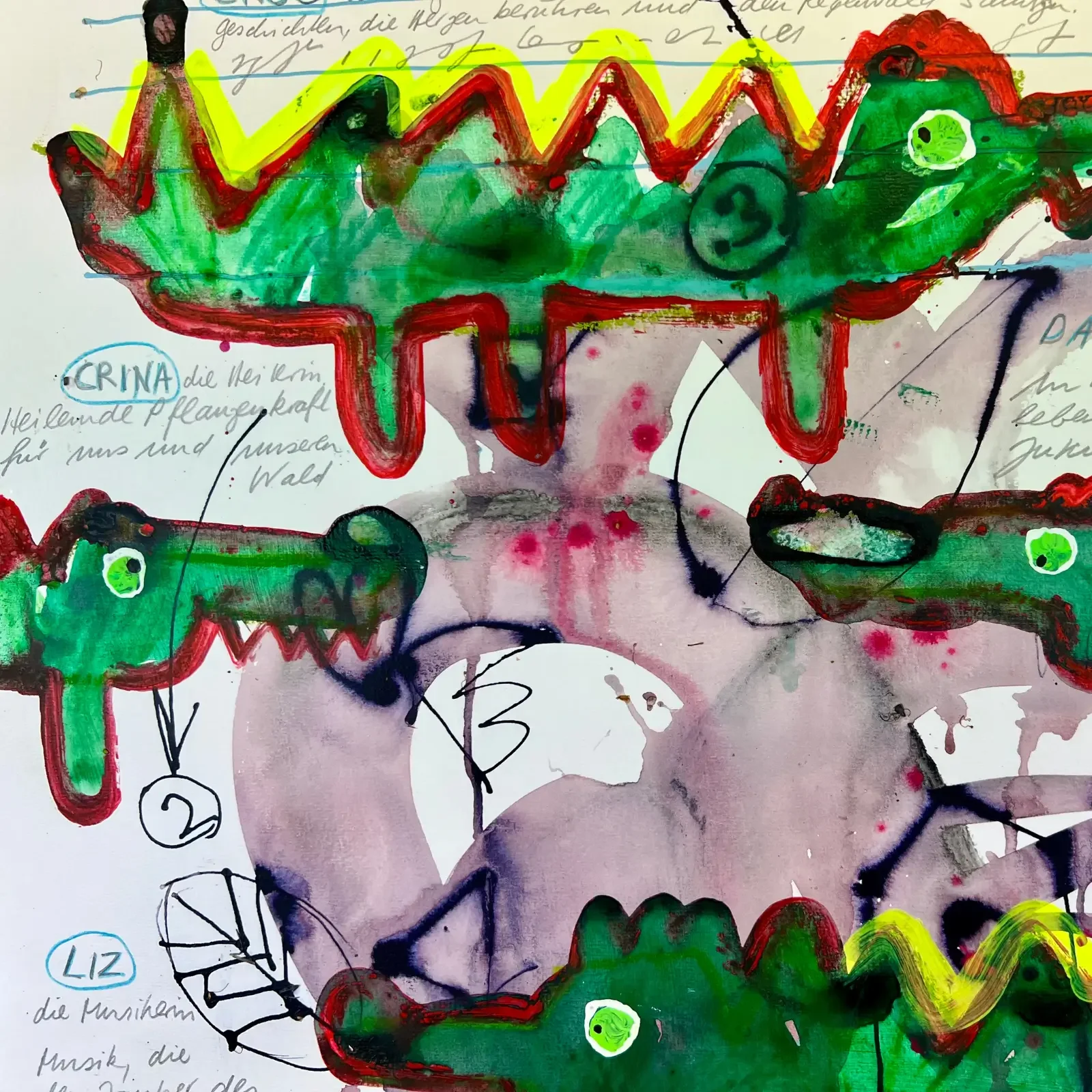 Detail Krokodil mit rotem Rücken, Mixed Media Pop Art Crocodile Notes, Fredi Gertsch, 2024