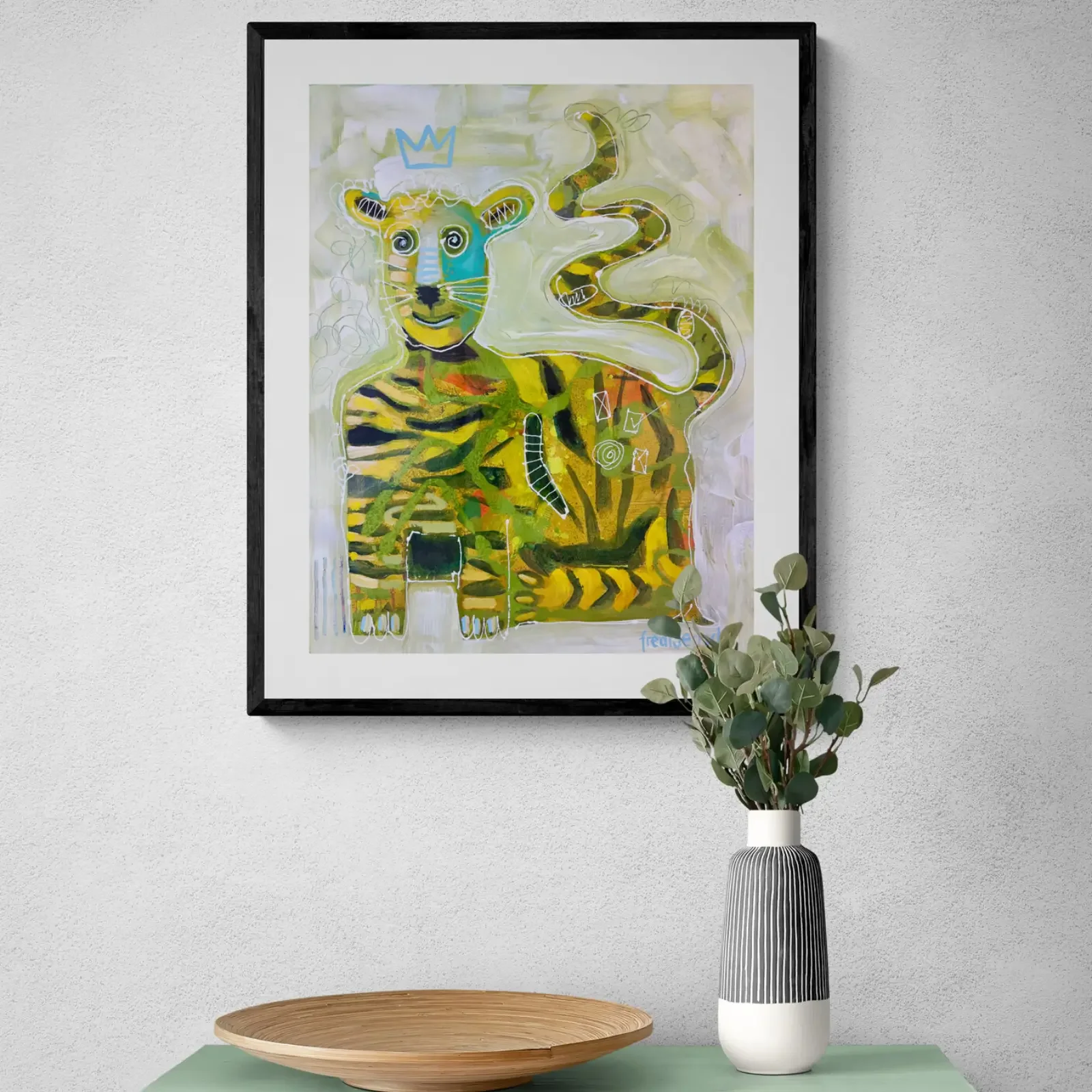 TigerLilly von Fredi Gertsch, Pop Art Acrylgemälde als Wandbild im modernen Wohnzimmer, 2024