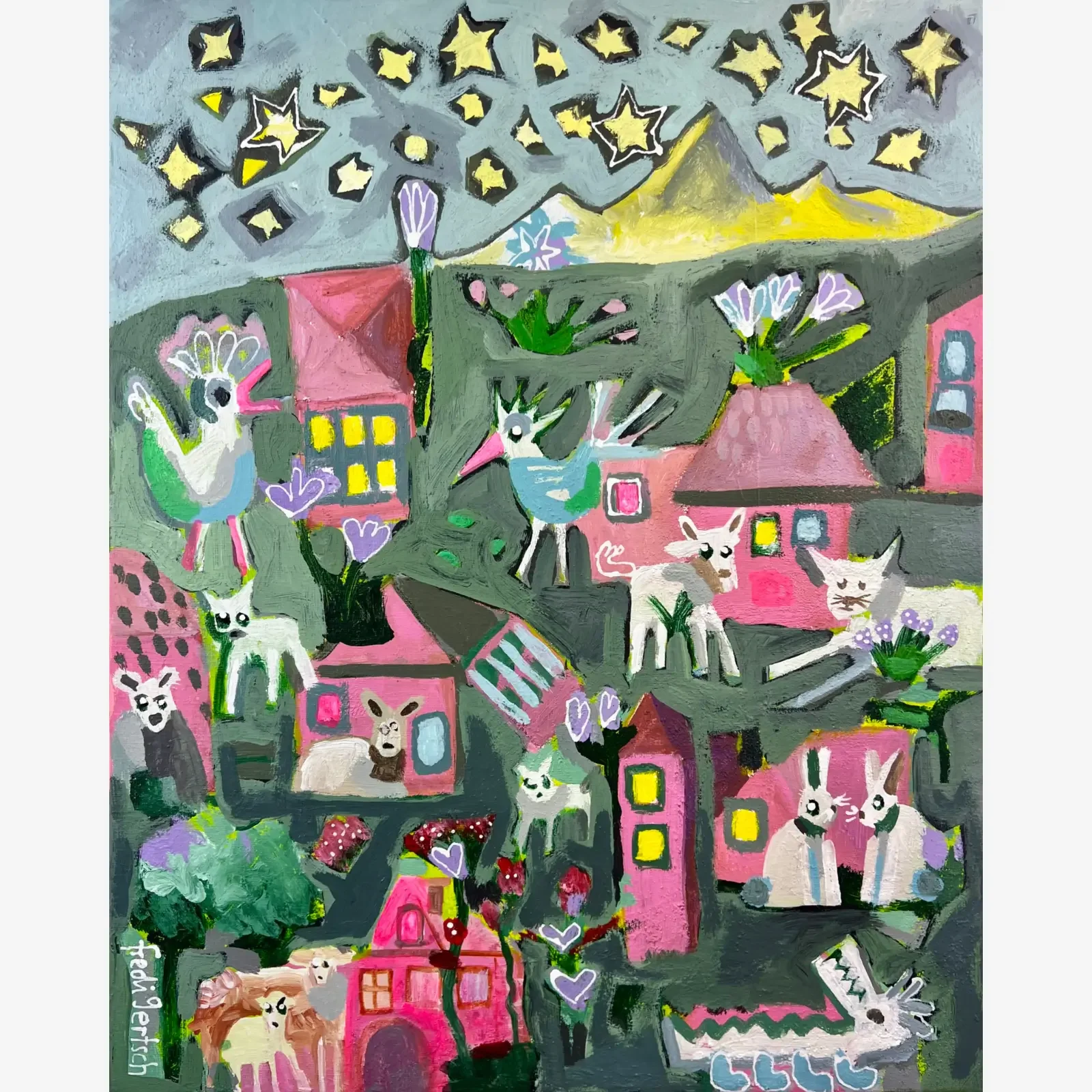 Wo die Sterne wohnen, Pop Art Acrylgemälde auf Leinwand mit Dorf, Sternenhimmel und Tieren, Fredi Gertsch, 2024