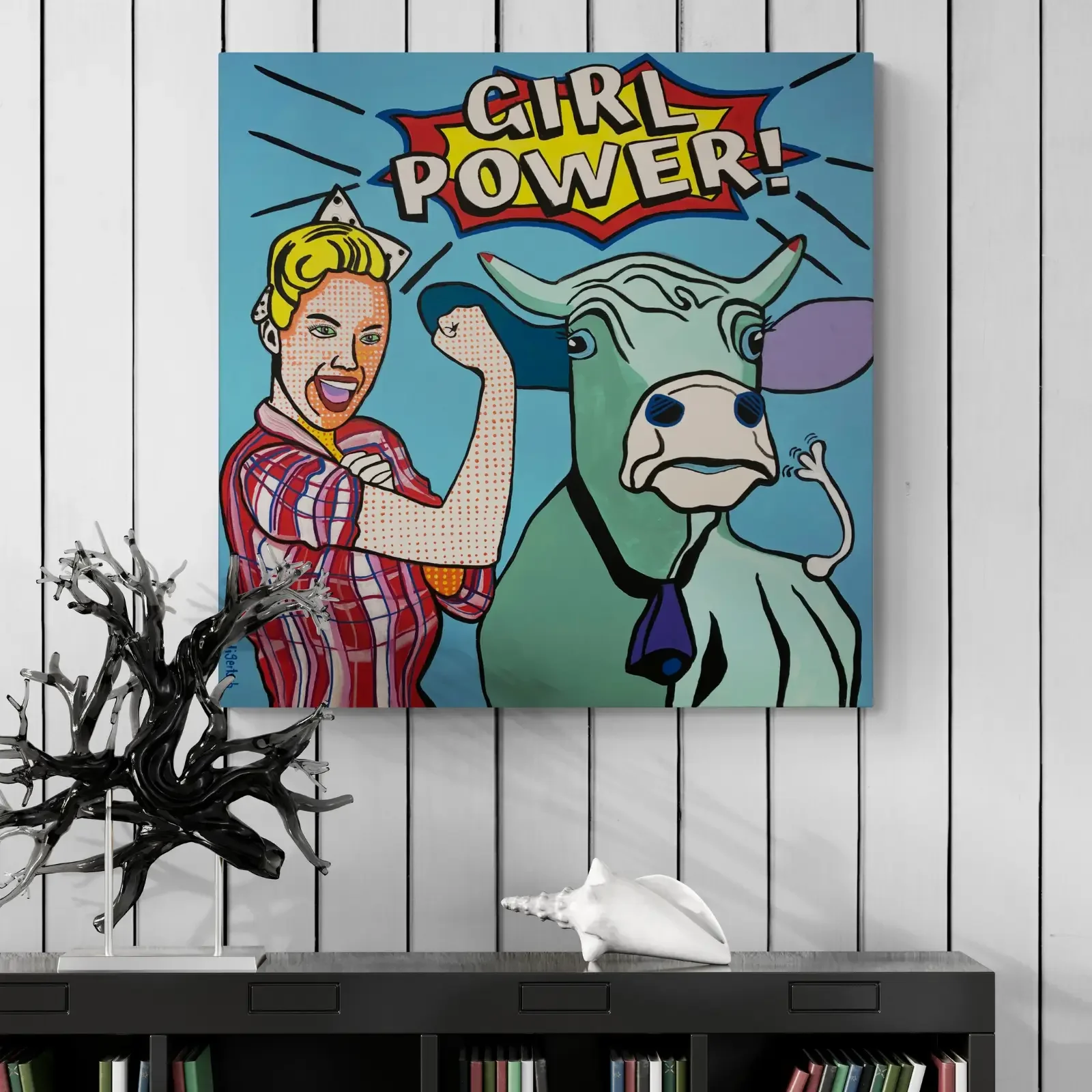 Girl Power!, Pop Art Acrylgemälde von Fredi Gertsch, Wandbild auf Holzvertäfelung, Schweizer Kunst, 2021