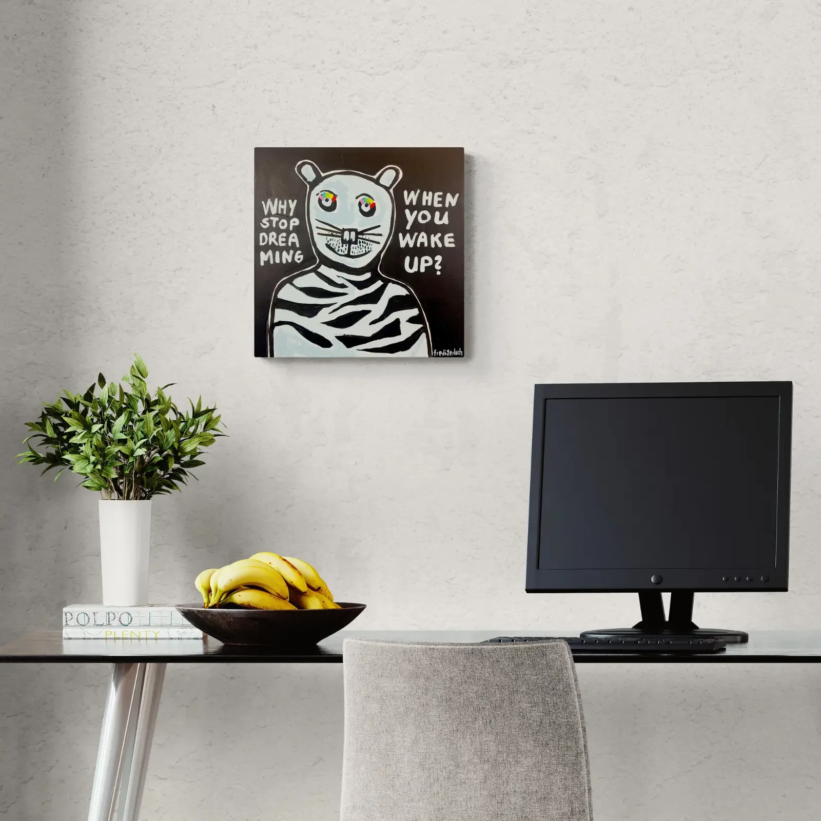 Wake up & Keep Dreaming, Pop Art Acrylgemälde von Fredi Gertsch, Wandbild im Homeoffice, Schweizer Kunst, 2024