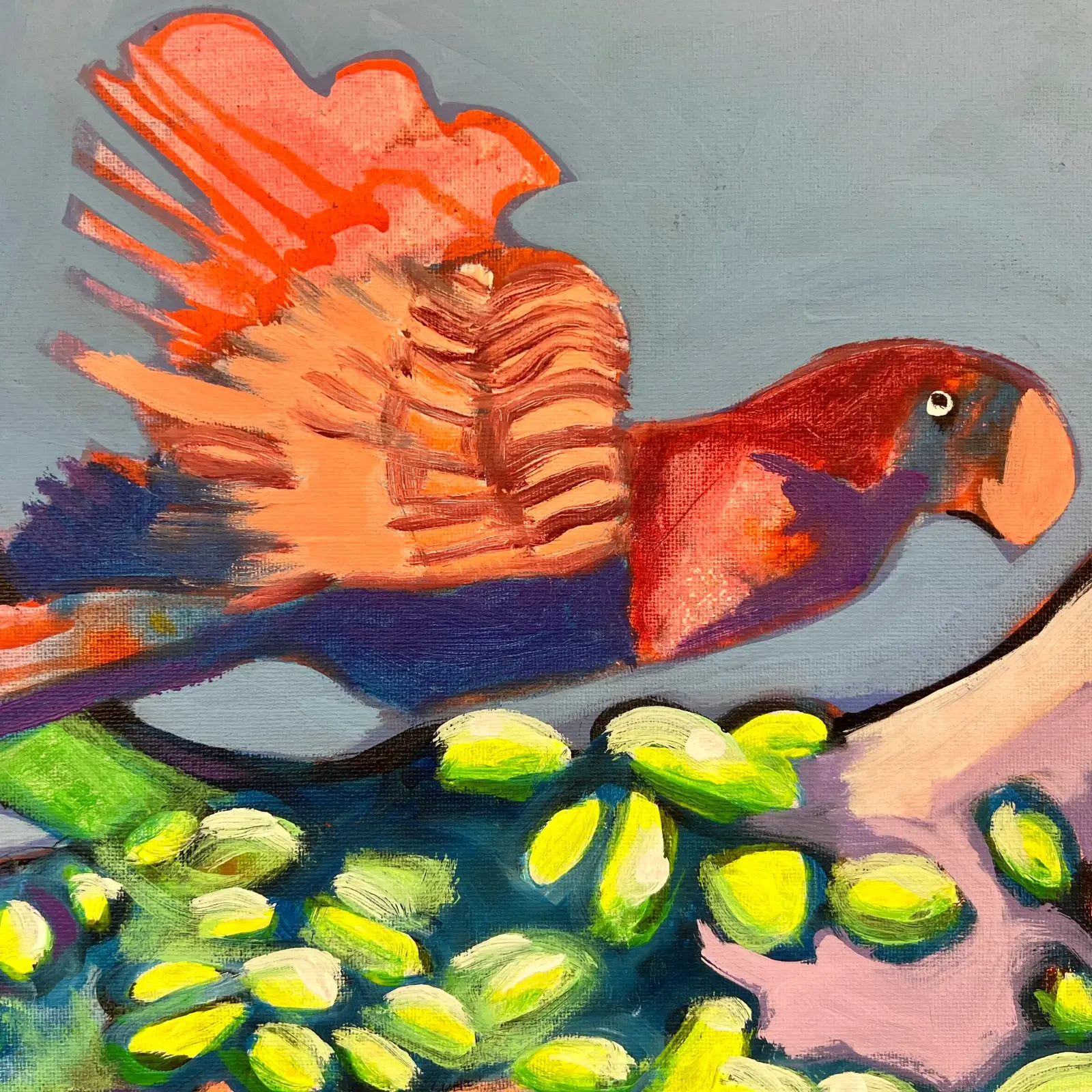 Detail roter Vogel mit gelben Blättern, Pop Art Acrylgemälde VogelLisi über den Wolken, Fredi Gertsch, 2024