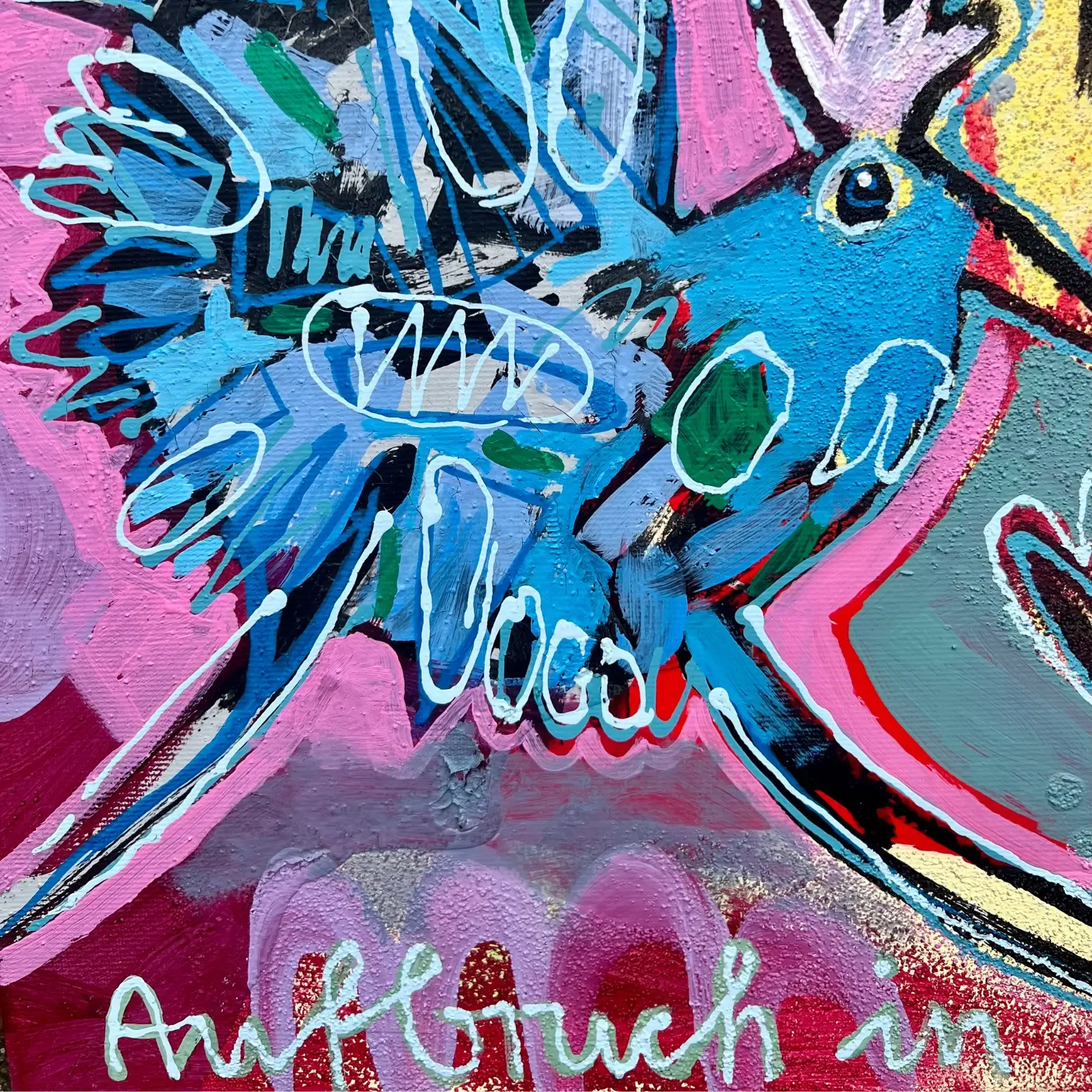 Detail blauer Vogel mit Schriftzug „Aufbruch in“, Pop Art Acrylgemälde It’s a tricky situation, Fredi Gertsch, 2024