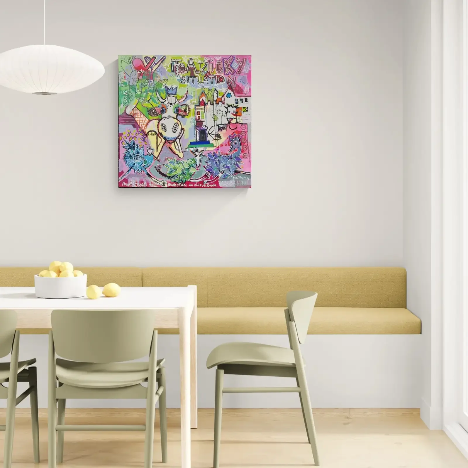 It’s a tricky situation von Fredi Gertsch, Pop Art Acrylgemälde als Wandbild im modernen Esszimmer, Schweizer Kunst, 2024