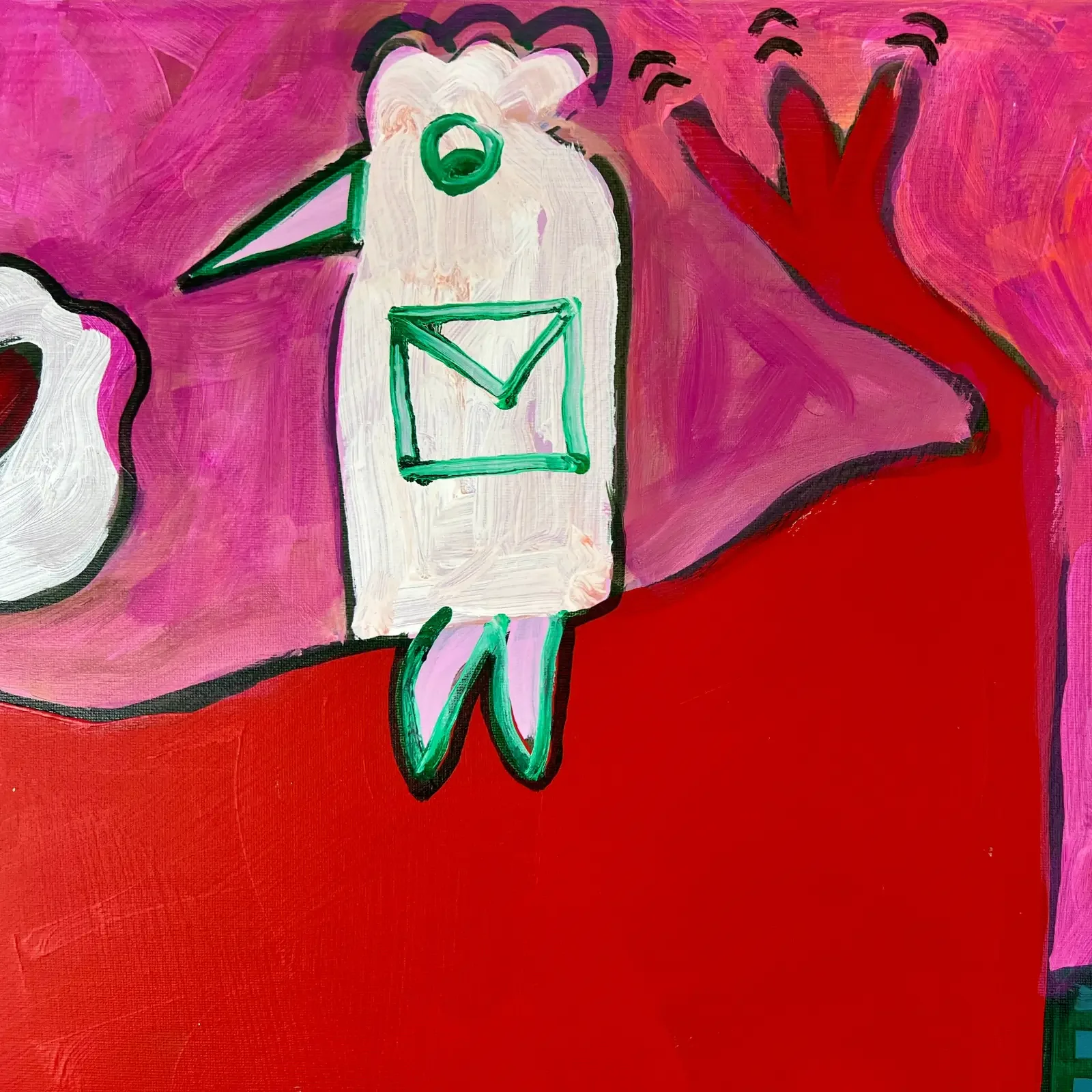 Detail weisse Figur und Symbole auf rotem Hintergrund, Pop Art Acrylgemälde Königin der Herzen, Fredi Gertsch, 2026