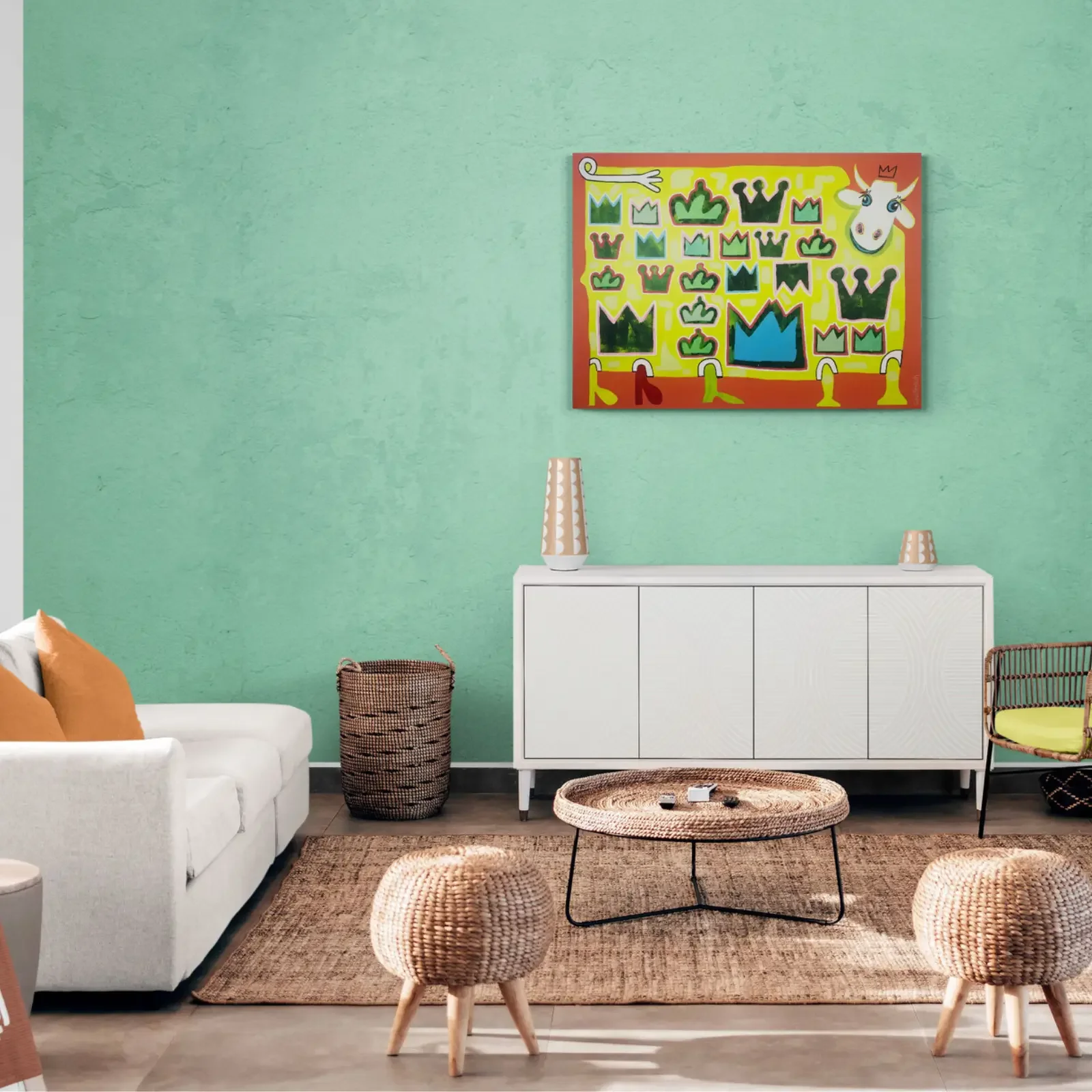 Queens Wardrobe, Pop Art Acrylgemälde von Fredi Gertsch, Wandbild im hellen Wohnzimmer, Schweizer Kunst, 2021