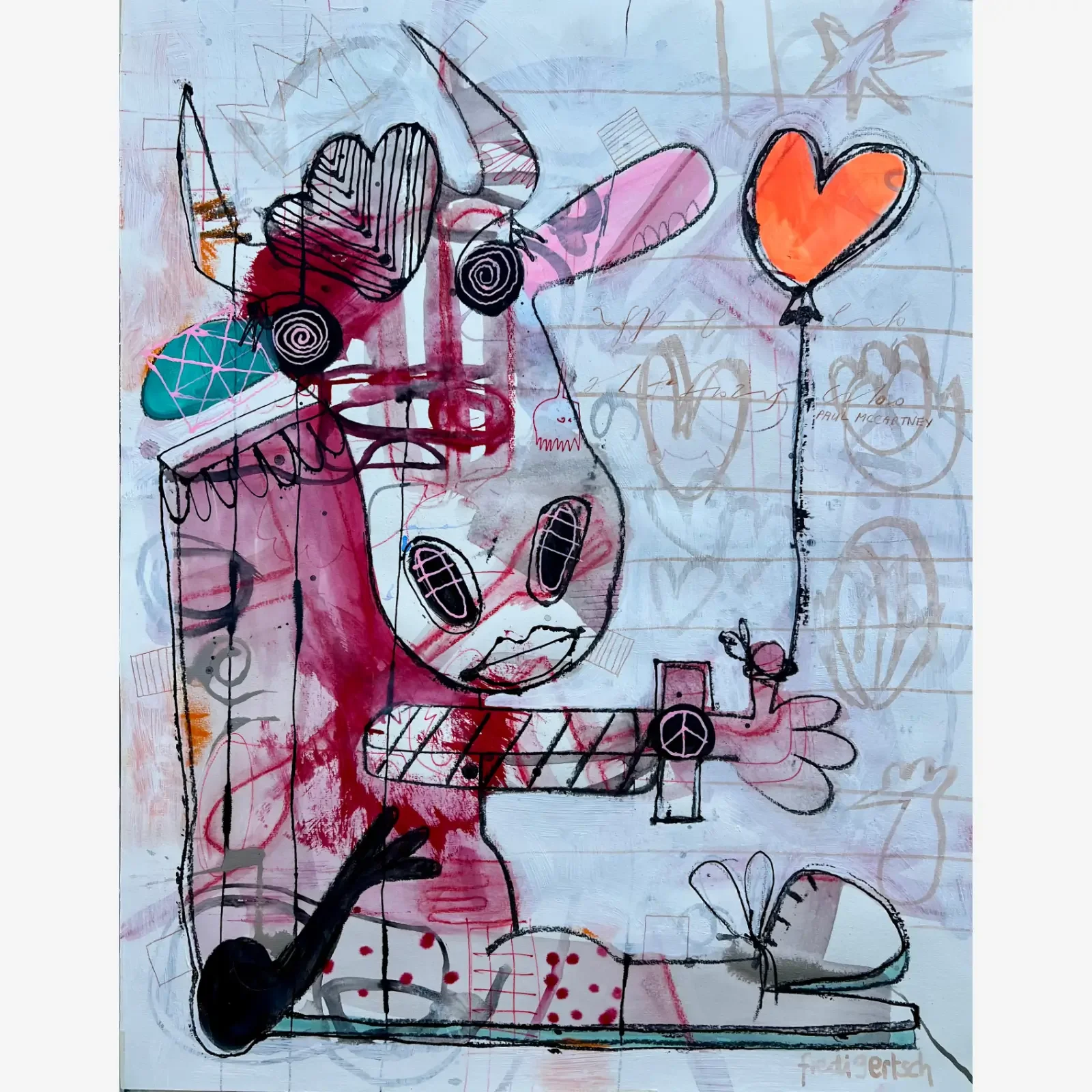 Herz über Wolken, Pop Art Acrylgemälde auf Papier mit Figur, Herzballon und blauen Wolken, Fredi Gertsch, 2024