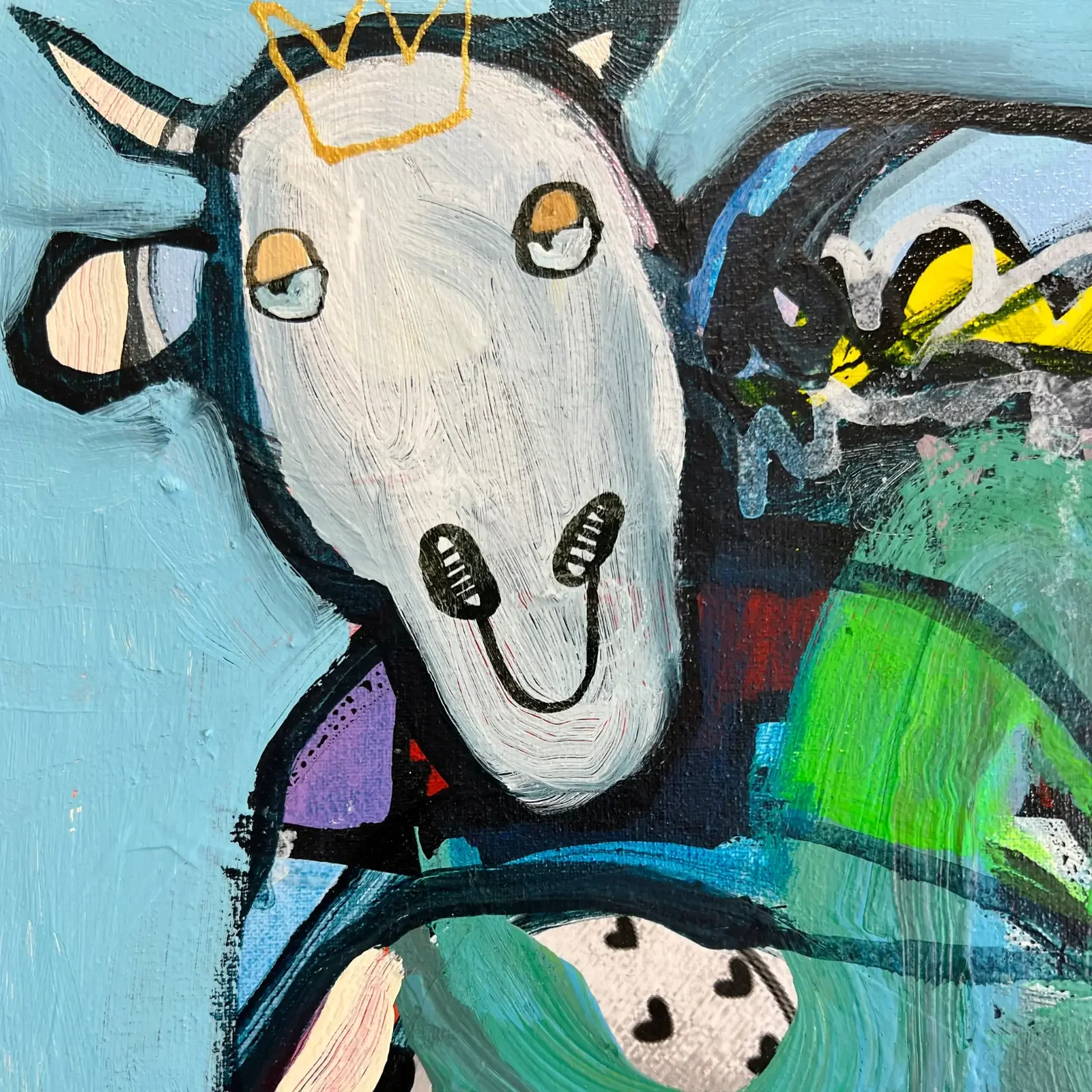 Detail Kuhkopf mit Krone, Pop Art Acrylgemälde Blue Crown Cow, Fredi Gertsch, 2026