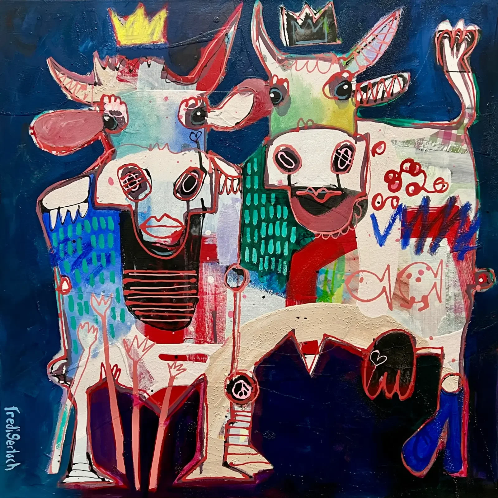 Just Us Two – Crown & Cow, Originalgemälde 2026 von Fredi Gertsch, Acryl Öl Collage auf Leinwand, zwei gekrönte Kühe in Blau Rot Grün, 80x80 cm