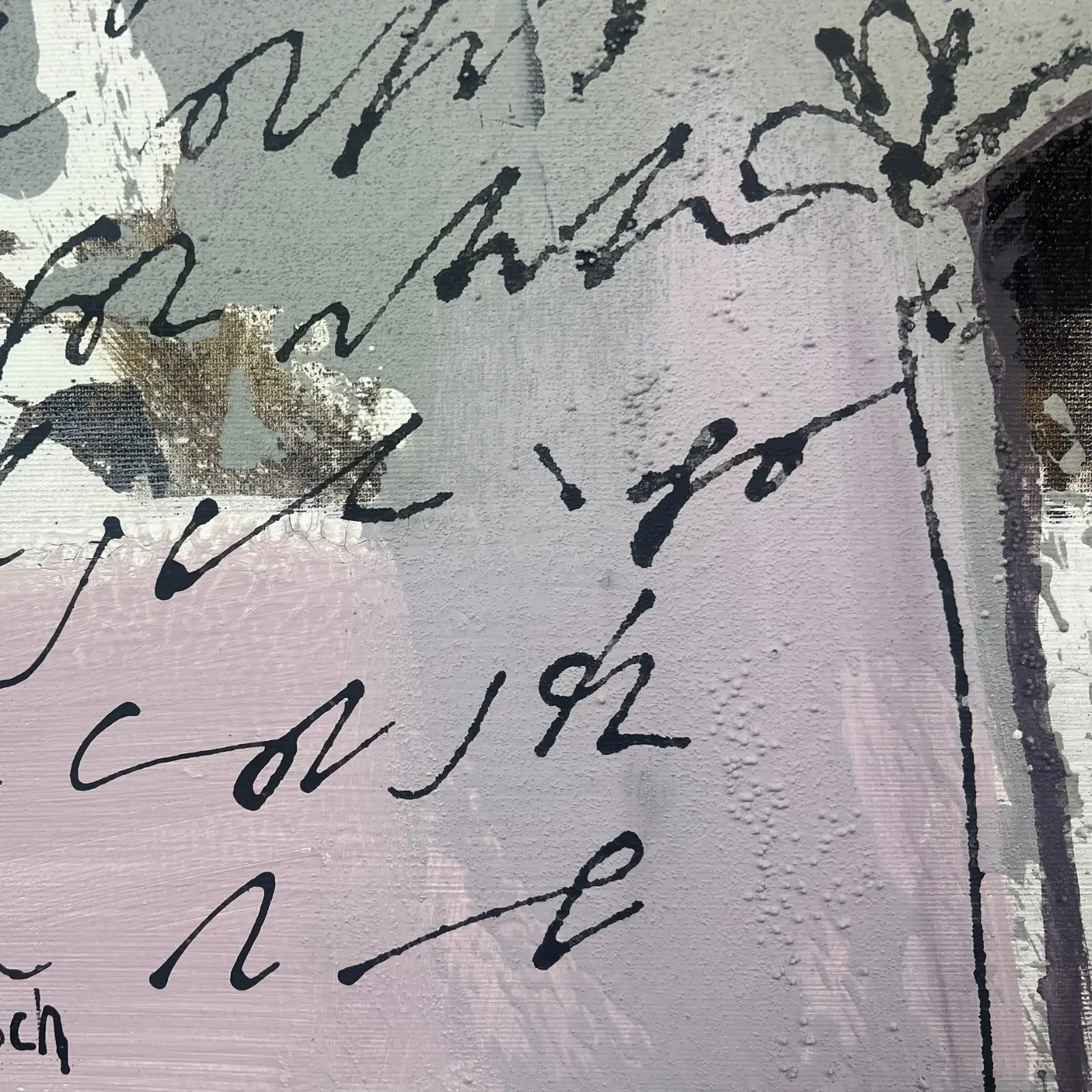 Detailansicht schwarze Handschrift, Pop Art Acrylgemälde It’s A Tricky Situation, Fredi Gertsch, 2024