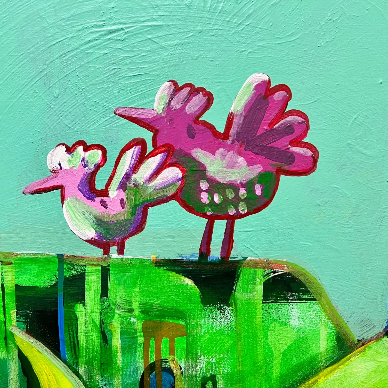 Detail: zwei pinke Birds und Acrylstruktur auf türkisfarbenem Hintergrund, Original 2026 von Fredi Gertsch