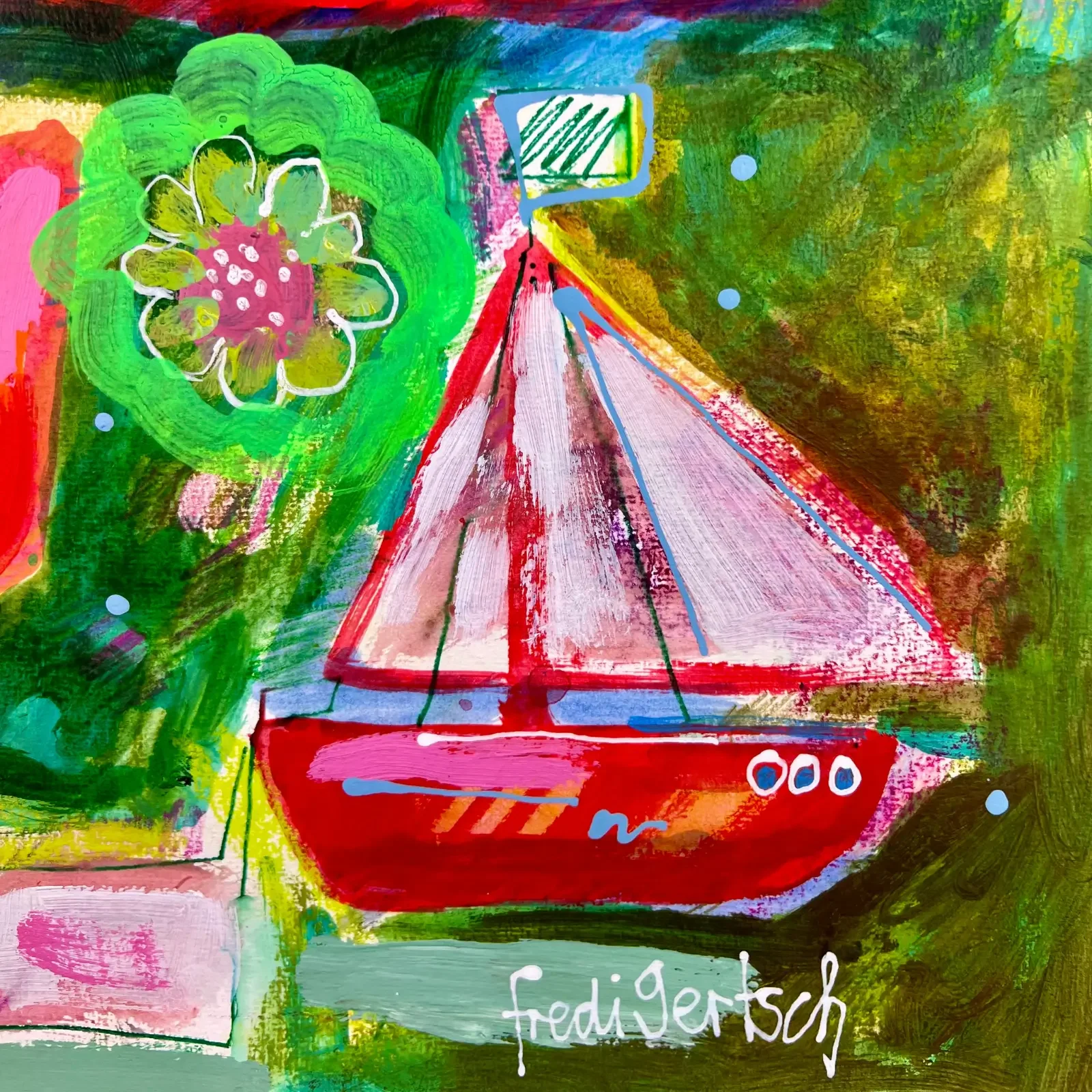 Detail rotes Segelboot mit Blumen, Pop Art Acrylgemälde Schiff ahoi im Blütenmeer, Fredi Gertsch, 2024