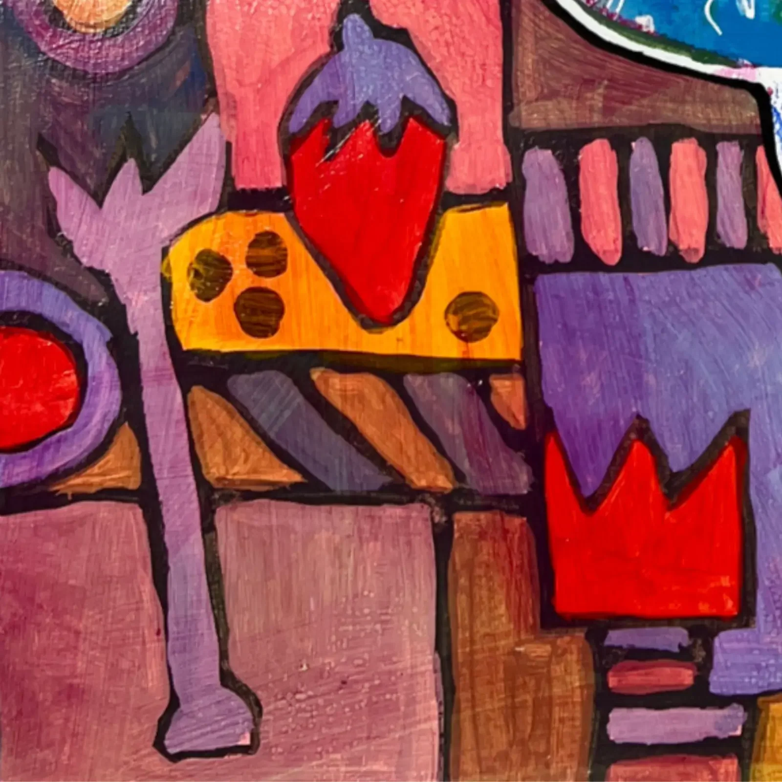 Detail Erdbeeren und grafische Muster, Pop Art Acrylgemälde VogelLisi – Strawberry Fields, Fredi Gertsch, 2026