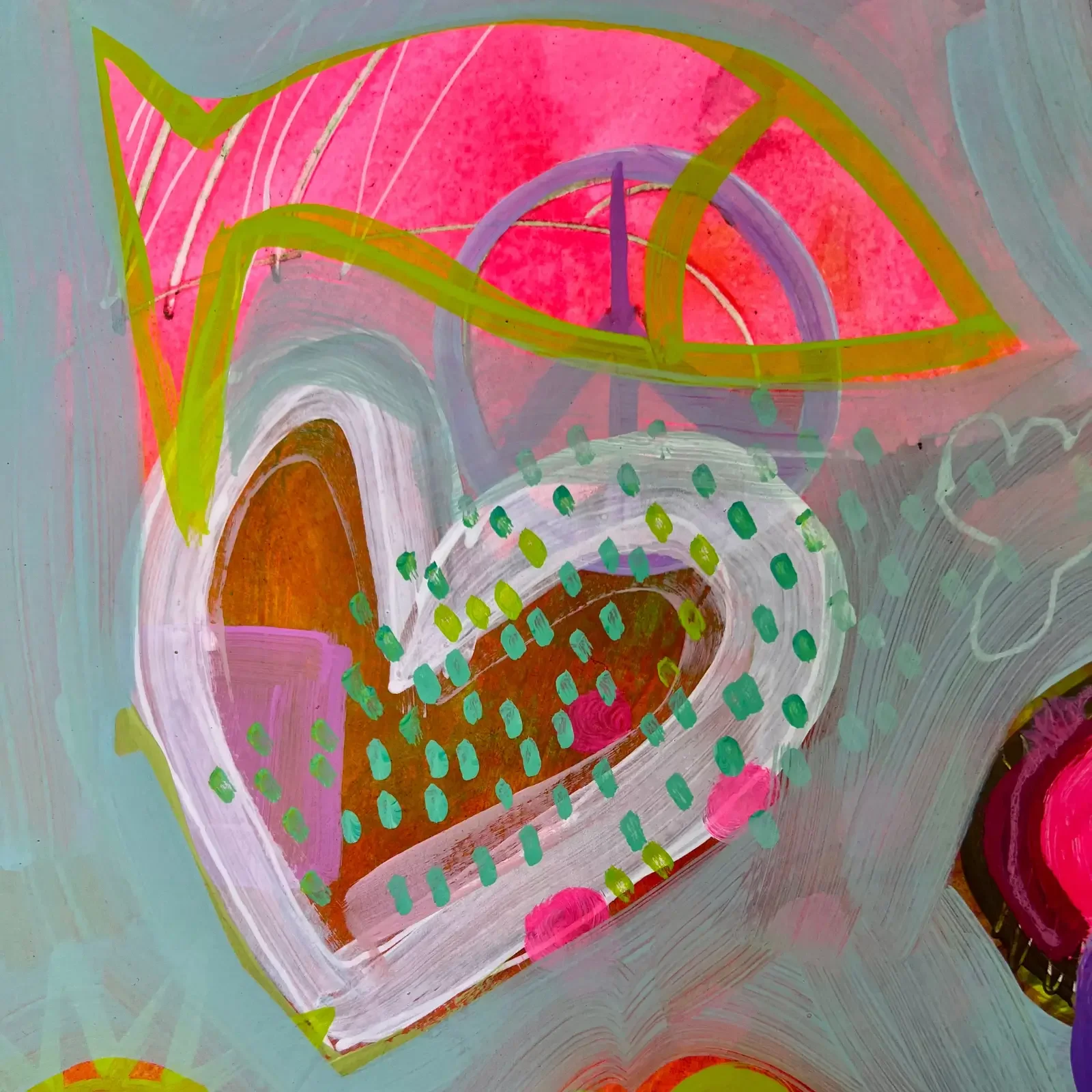 Detail Herz und Muster in Neonfarben, Pop Art Acrylgemälde Baby Mum Helsinki, Fredi Gertsch, 2024
