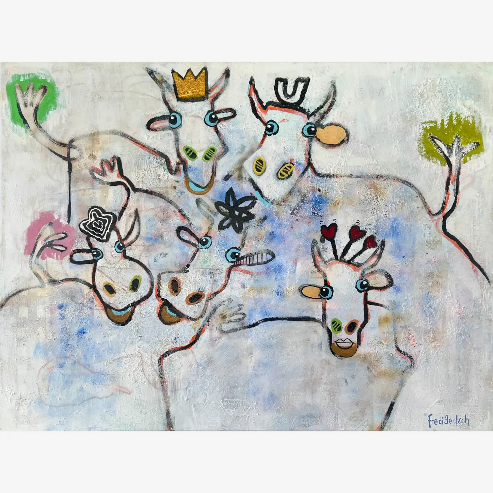 We Are Family – Herde mit Herz, Pop Art Mixed Media Gemälde auf Leinwand 80 x 60 cm mit Kuhherde, Kronen und Herz-Details, Fredi Gertsch, 2026