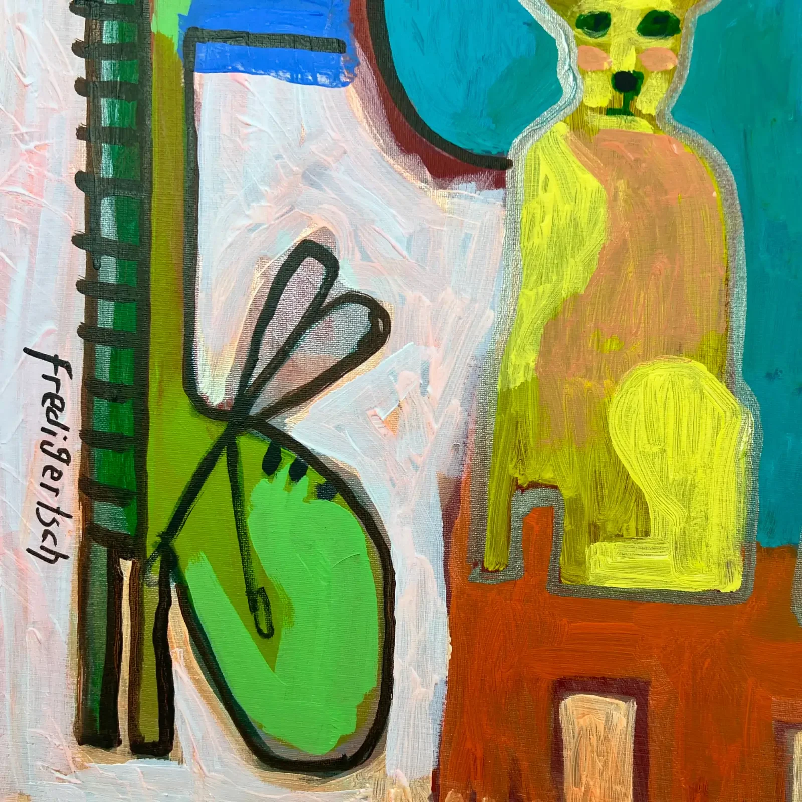 Detail Signatur und Farbflächen, Pop Art Acrylgemälde Kroko Love, Fredi Gertsch, 2026