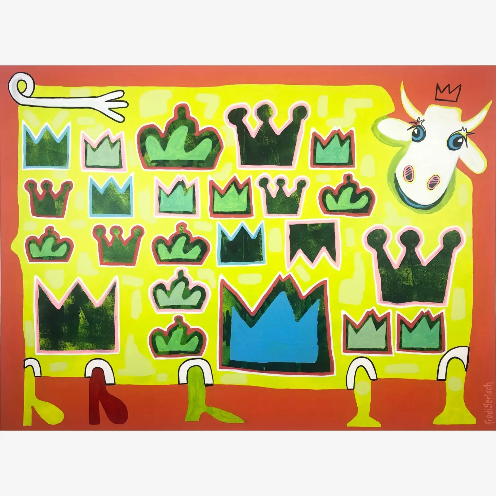 Queens Wardrobe, Pop Art Acrylgemälde auf Leinwand mit vielen bunten Kronen und Kuh, Fredi Gertsch, 2021