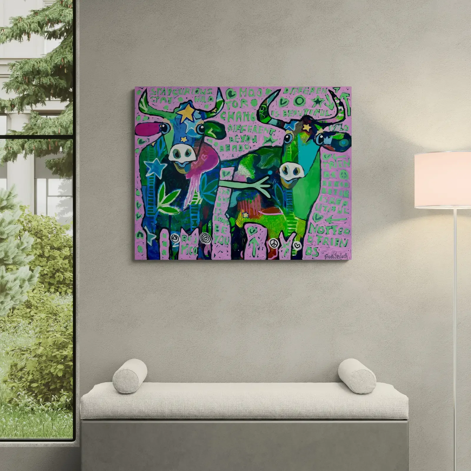 Just Us Two – Be You von Fredi Gertsch, Pop Art Acrylgemälde als Wandbild im modernen Wohnzimmer, 2025