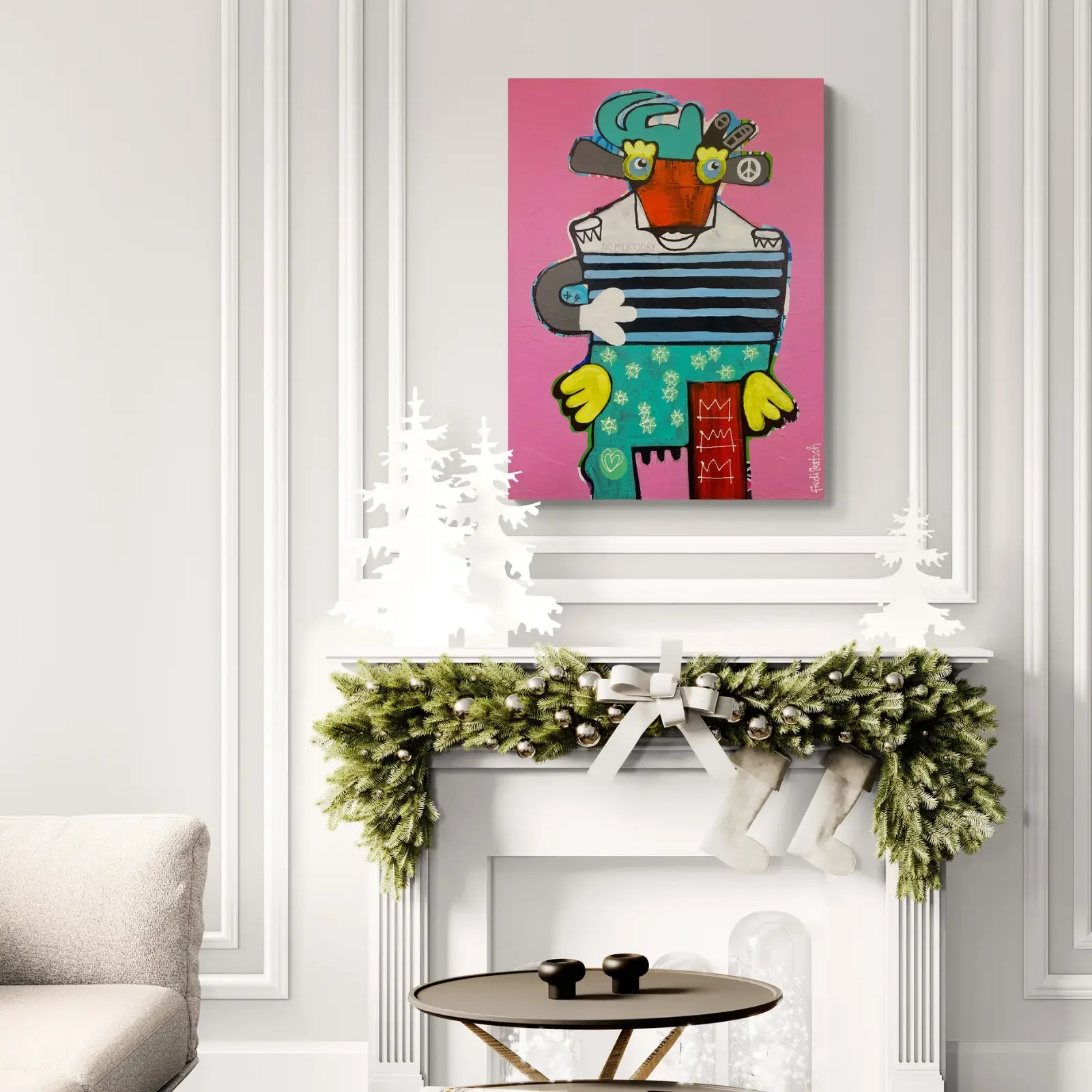 No Milk Today von Fredi Gertsch, Pop Art Acrylgemälde als Wandbild über dem Kamin, 2024