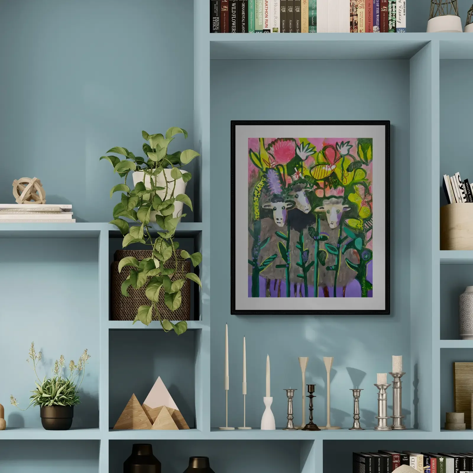 Schafe in der Blumenwiese von Fredi Gertsch, Pop Art Acrylgemälde als Wandbild im modernen Wohnzimmer, 2024