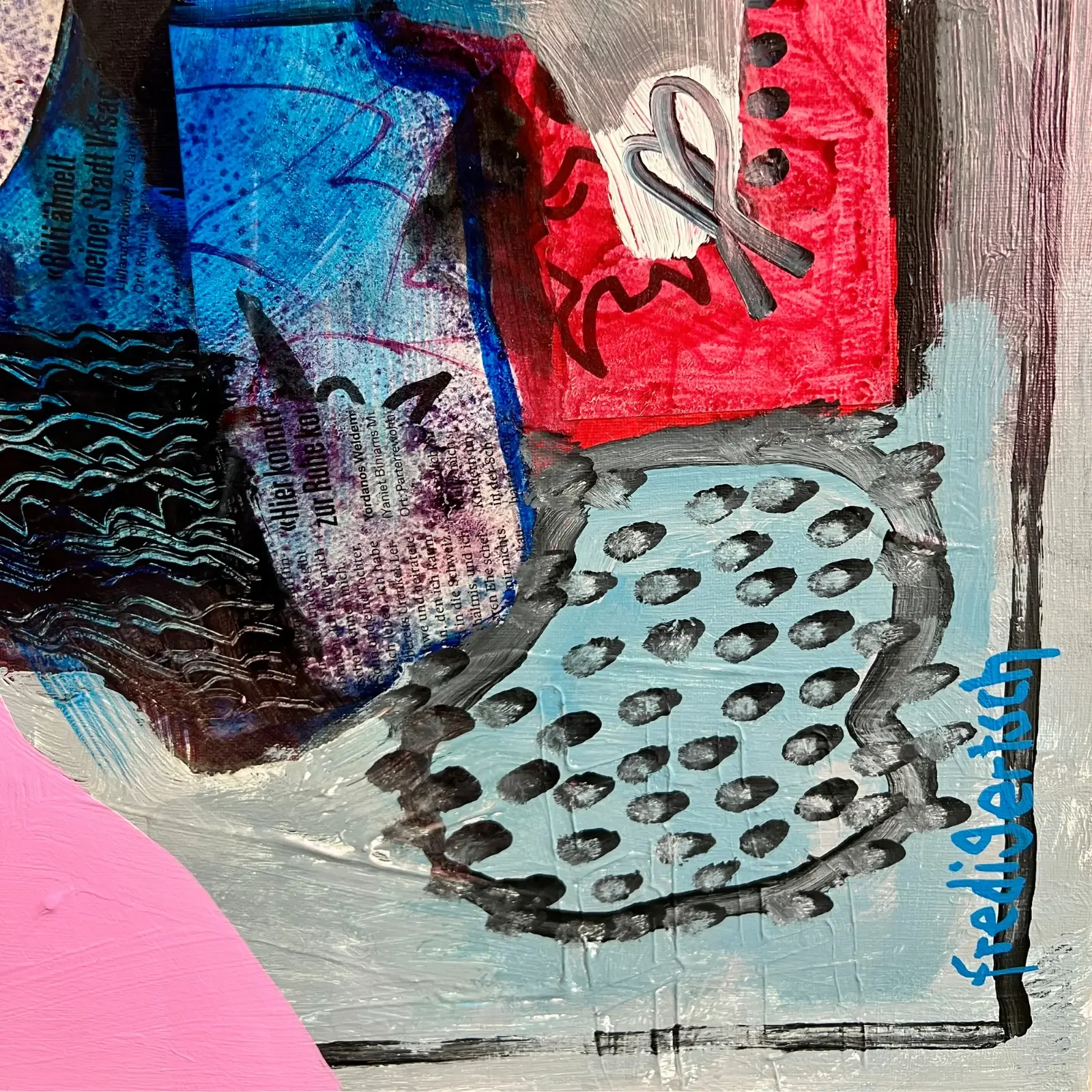 Detail Collage-Elemente und Signatur, Pop Art Acrylgemälde VogelLisi Sternenzauber, Fredi Gertsch, 2025