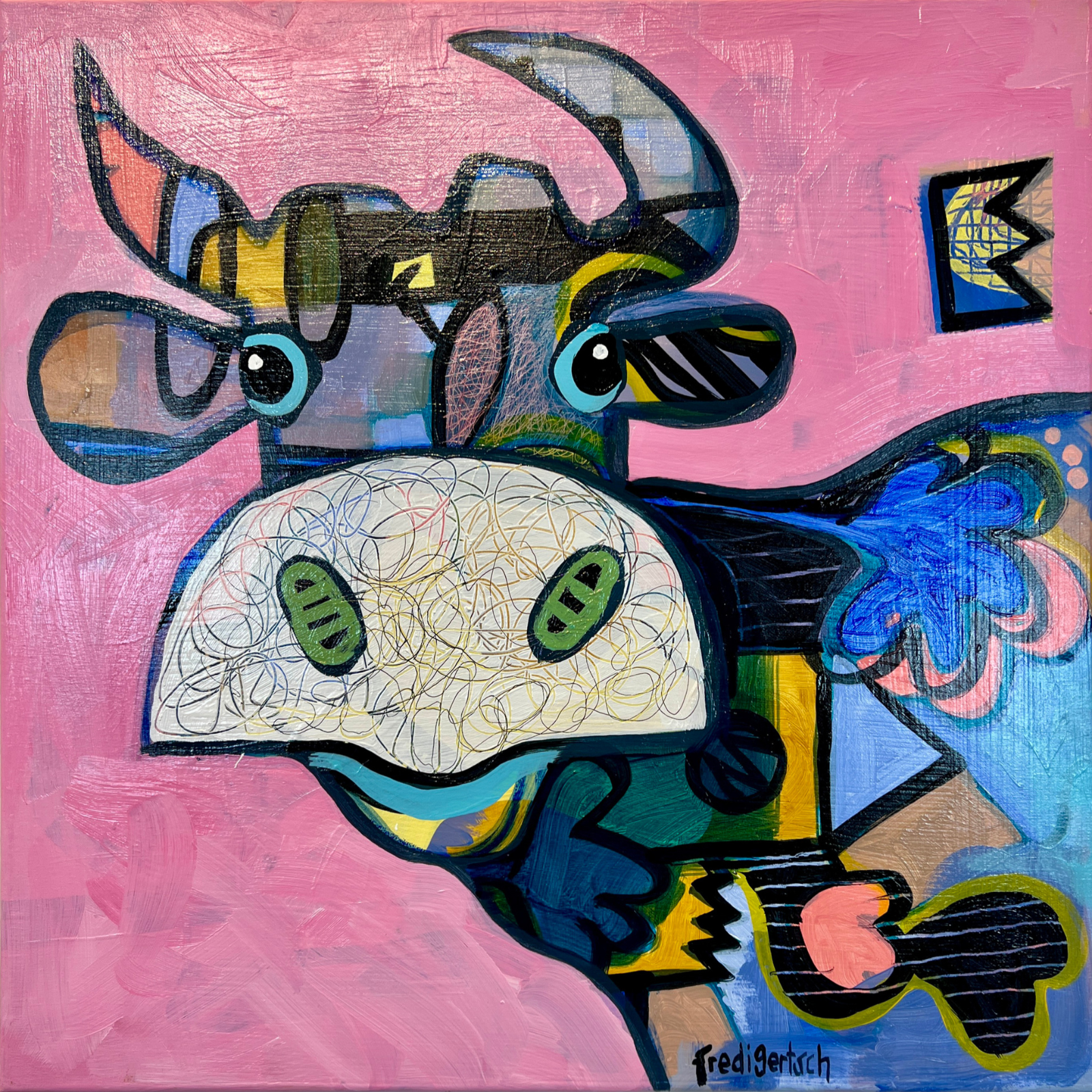 VogelLisi – La vie en rose von Fredi Gertsch, 50 × 50 cm: bunte Pop Art Kuh mit türkisfarbenen Augen und verspielten Mustern vor rosa Hintergrund.