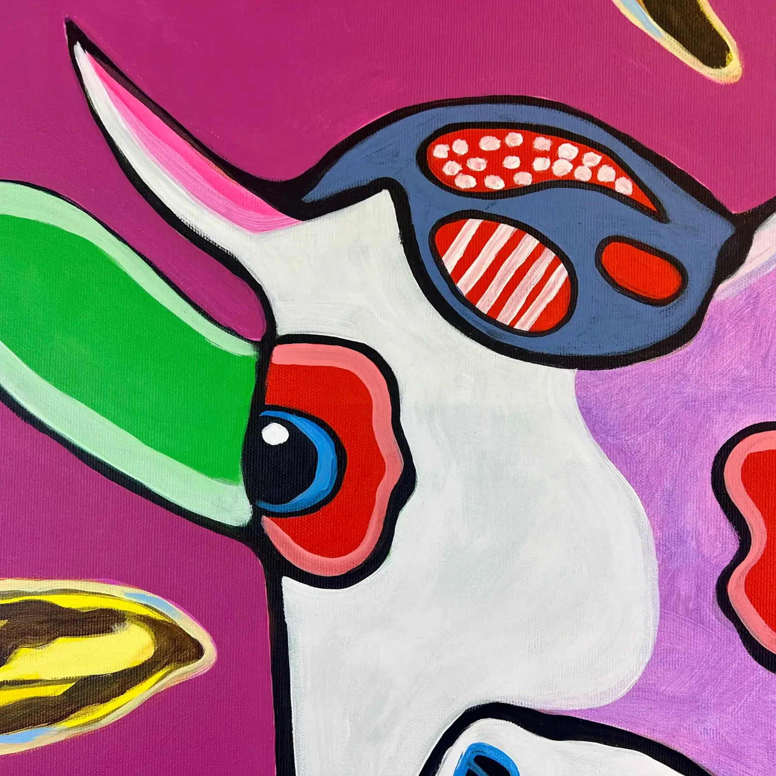 Detail Kuhkopf mit bunten Akzenten, Pop Art Acrylgemälde Baby Meets Andy, Fredi Gertsch, 2024