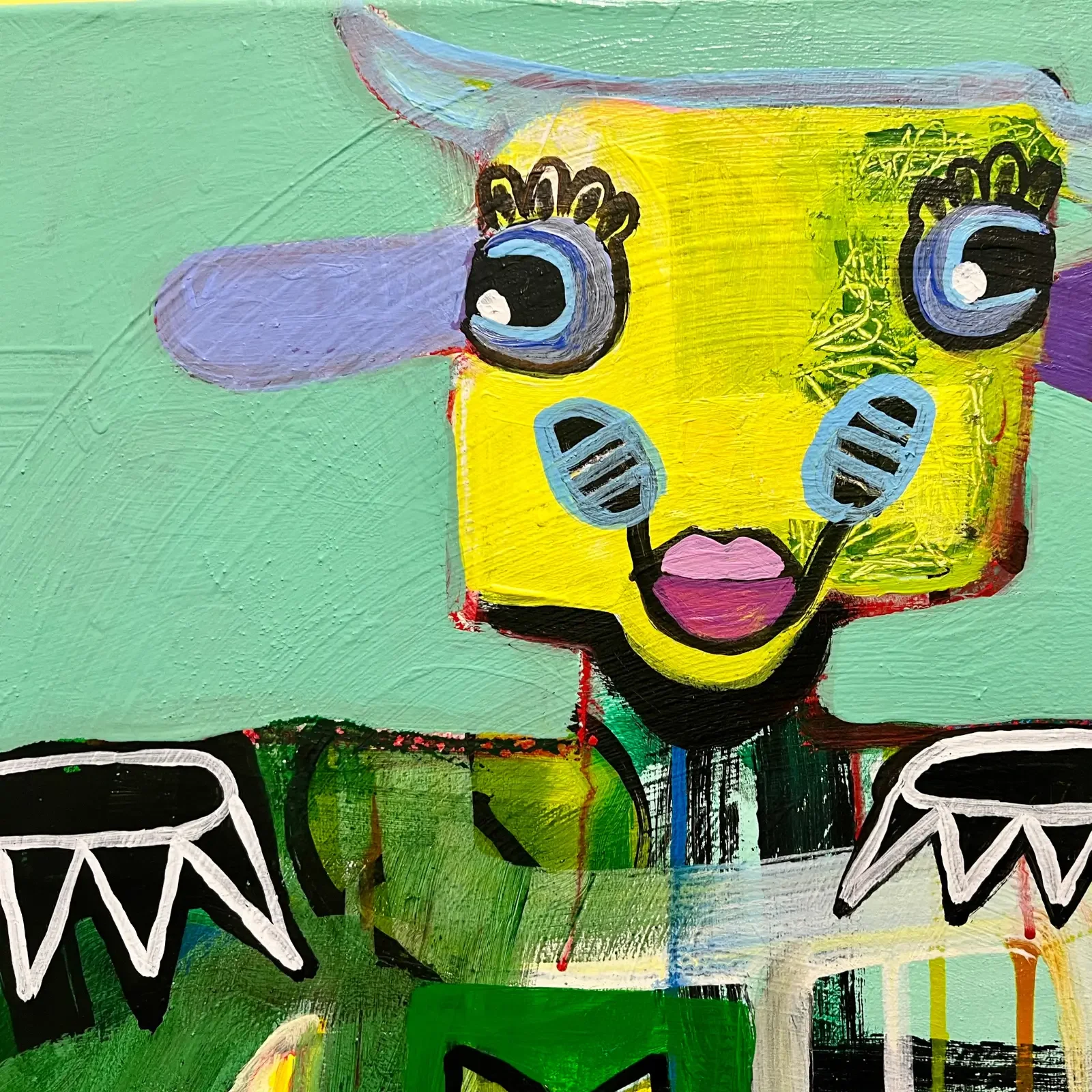 Detail: Kuhkopf in Gelb mit grossen Augen, Originalgemälde 2026 von Fredi Gertsch, Acryl auf Leinwand