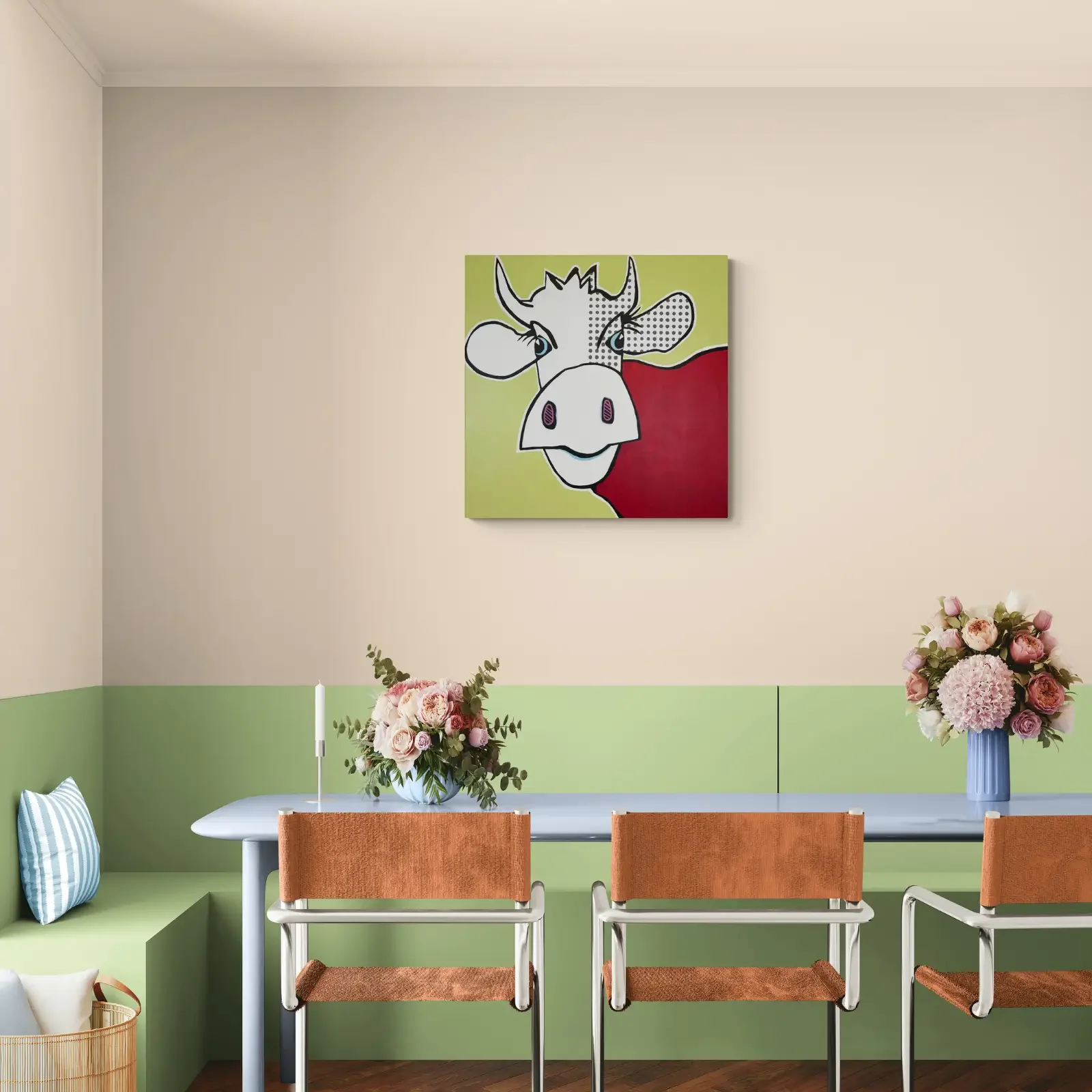 VogelLisi Florence als Pop Art Wandbild im Esszimmer, 80 x 80 cm Acryl auf Leinwand, Fredi Gertsch, 2019