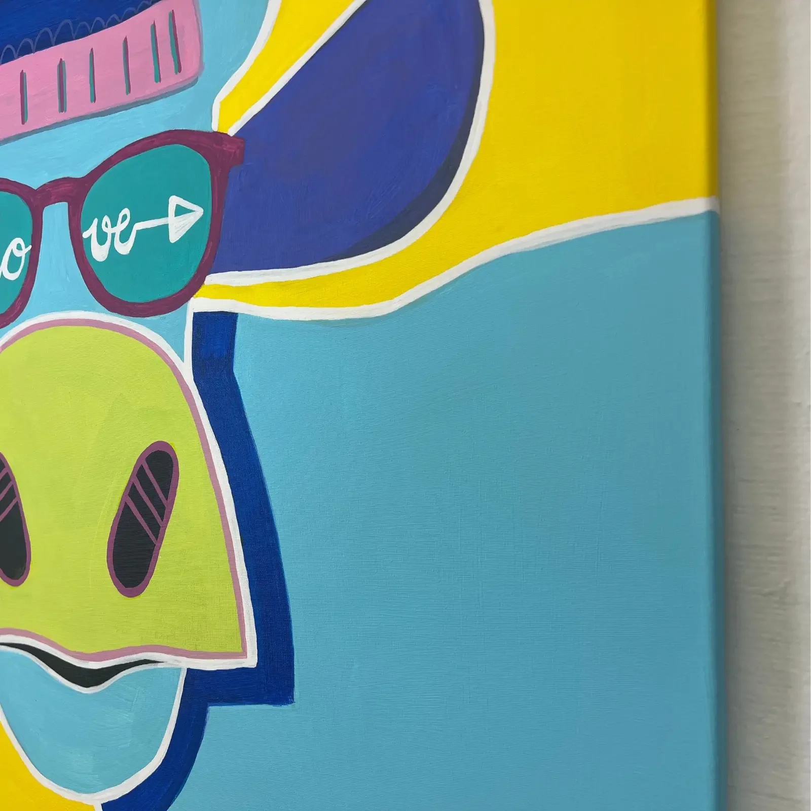 Detail Kuhgesicht und Brille, Pop Art Acrylgemälde VogelLisi Love, Fredi Gertsch, 2022