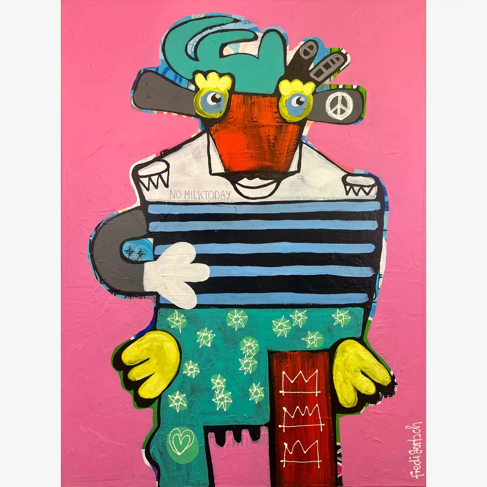 No Milk Today, Pop Art Acrylgemälde auf Leinwand mit bunter Figur, Streifenhemd und pinkem Hintergrund, Fredi Gertsch, 2024