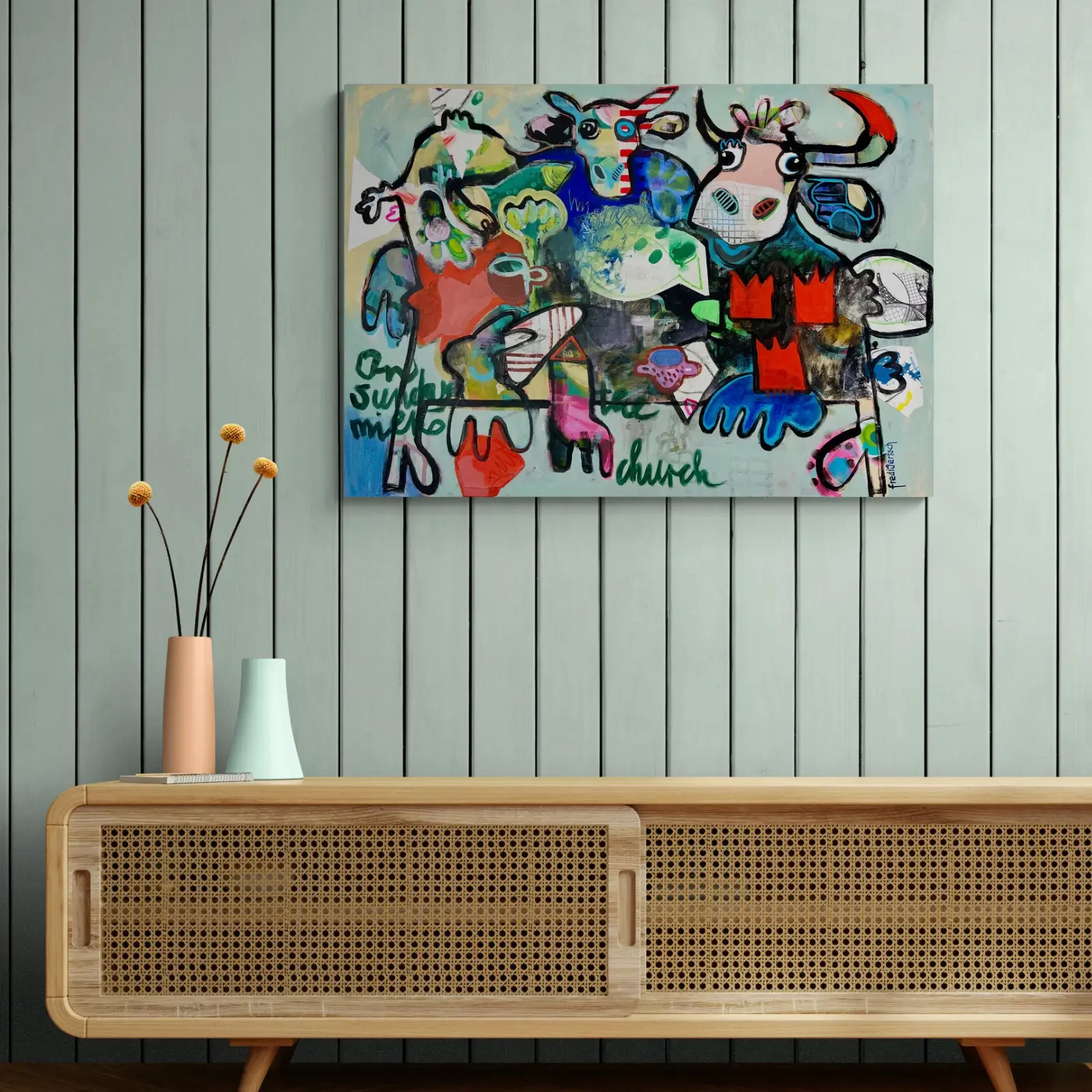 On Sunday Milks The Church von Fredi Gertsch, Pop Art Wandbild über Sideboard im Wohnzimmer, 2026