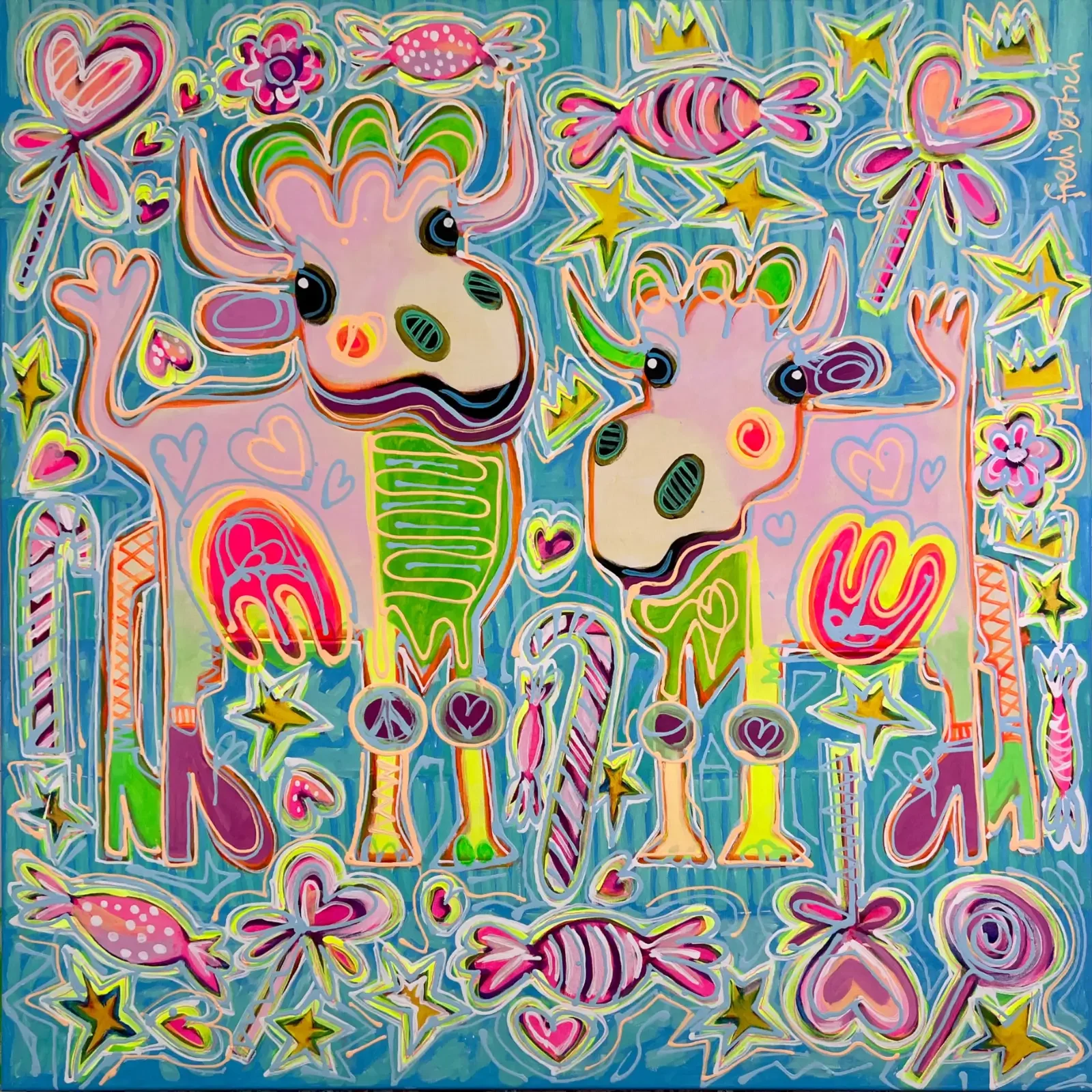 Sugar & Candy, Pop Art Acrylgemälde auf Leinwand mit zwei Kühen, Bonbons, Sternen und Herzen, Fredi Gertsch, 2024