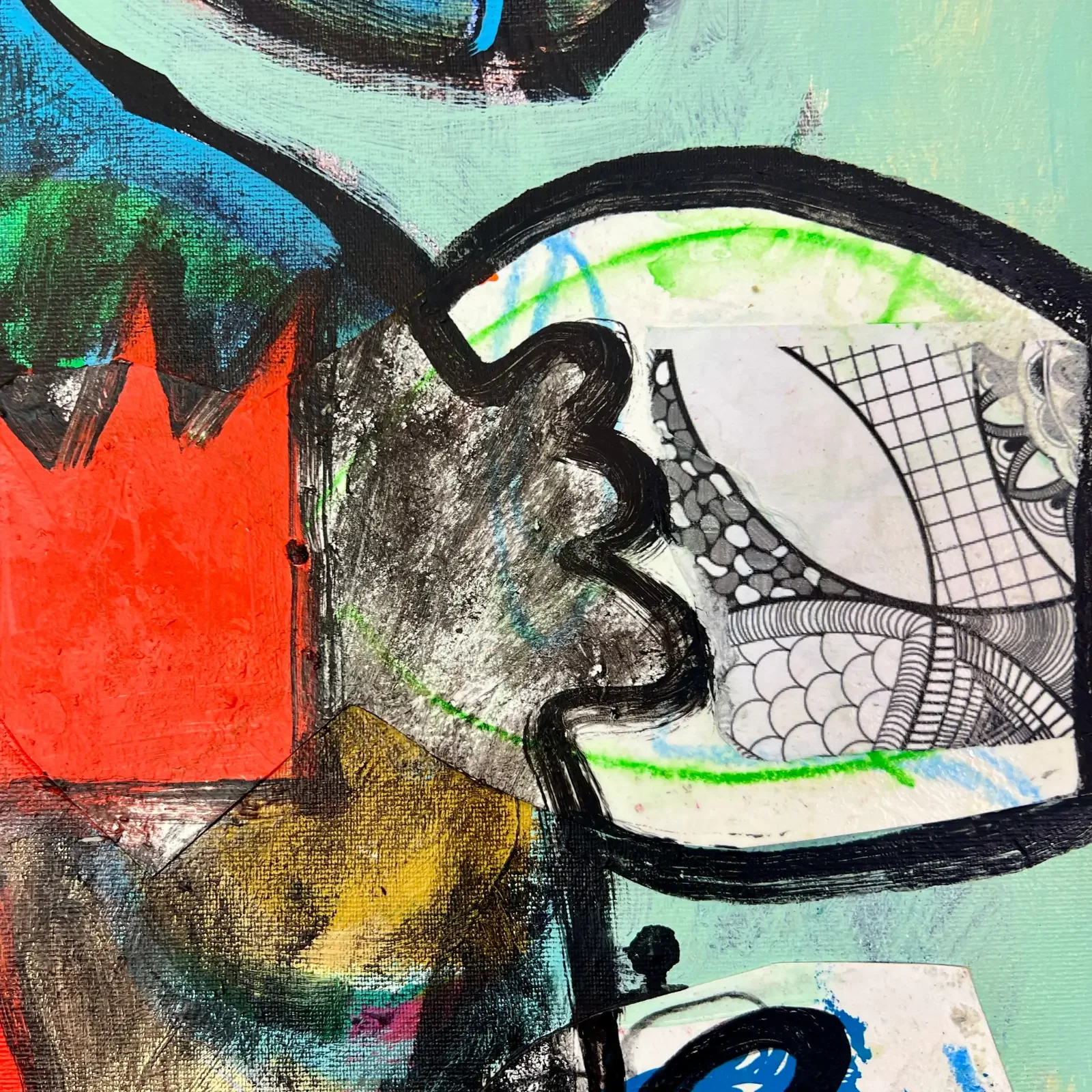 Detail Kuhkopf mit grafischem Muster und Farbakzenten, Pop Art Acrylgemälde On Sunday Milks The Church, Fredi Gertsch, 2026