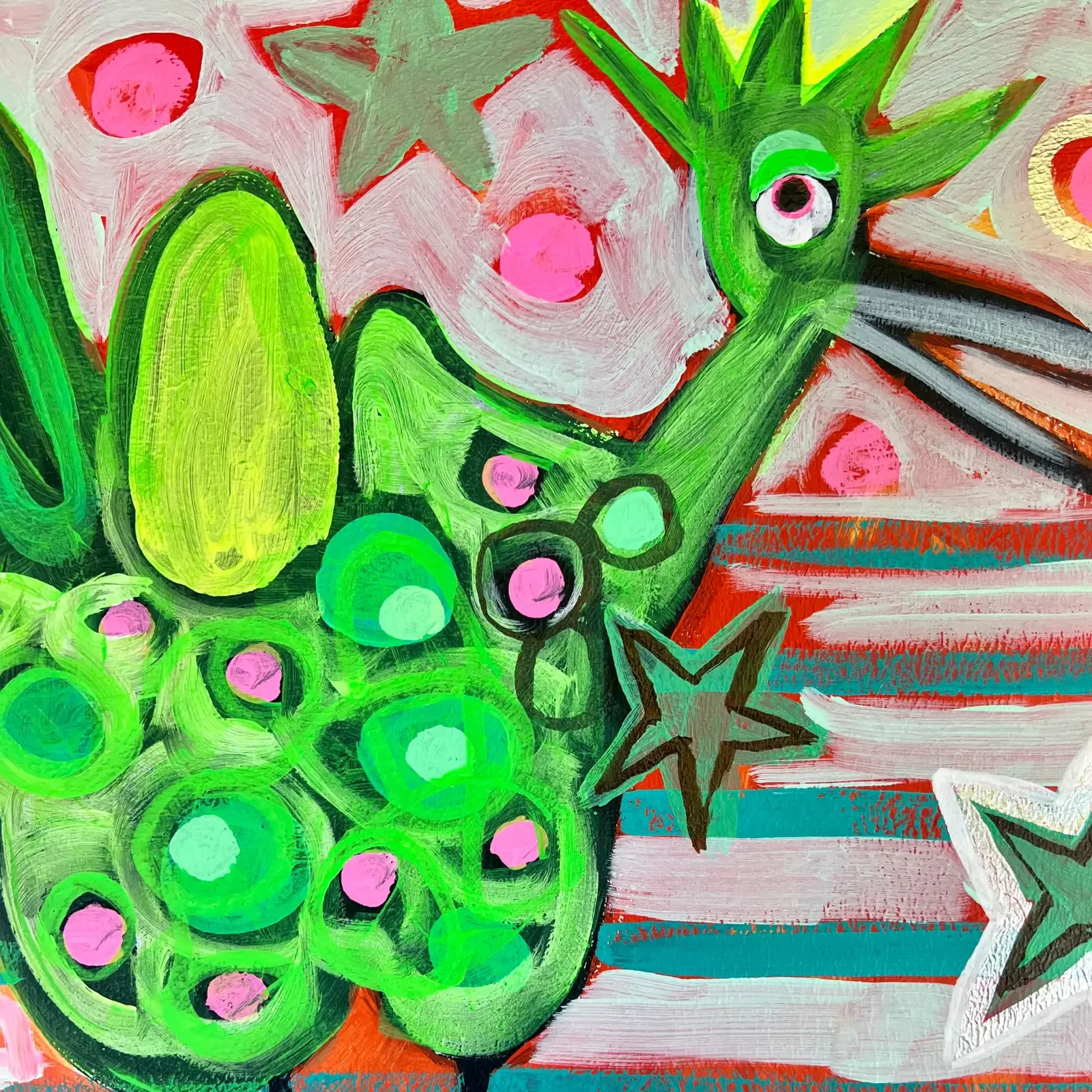 Detail Drachenwesen mit grünen Punkten, Pop Art Acrylgemälde No Milk Today, Fredi Gertsch, 2024