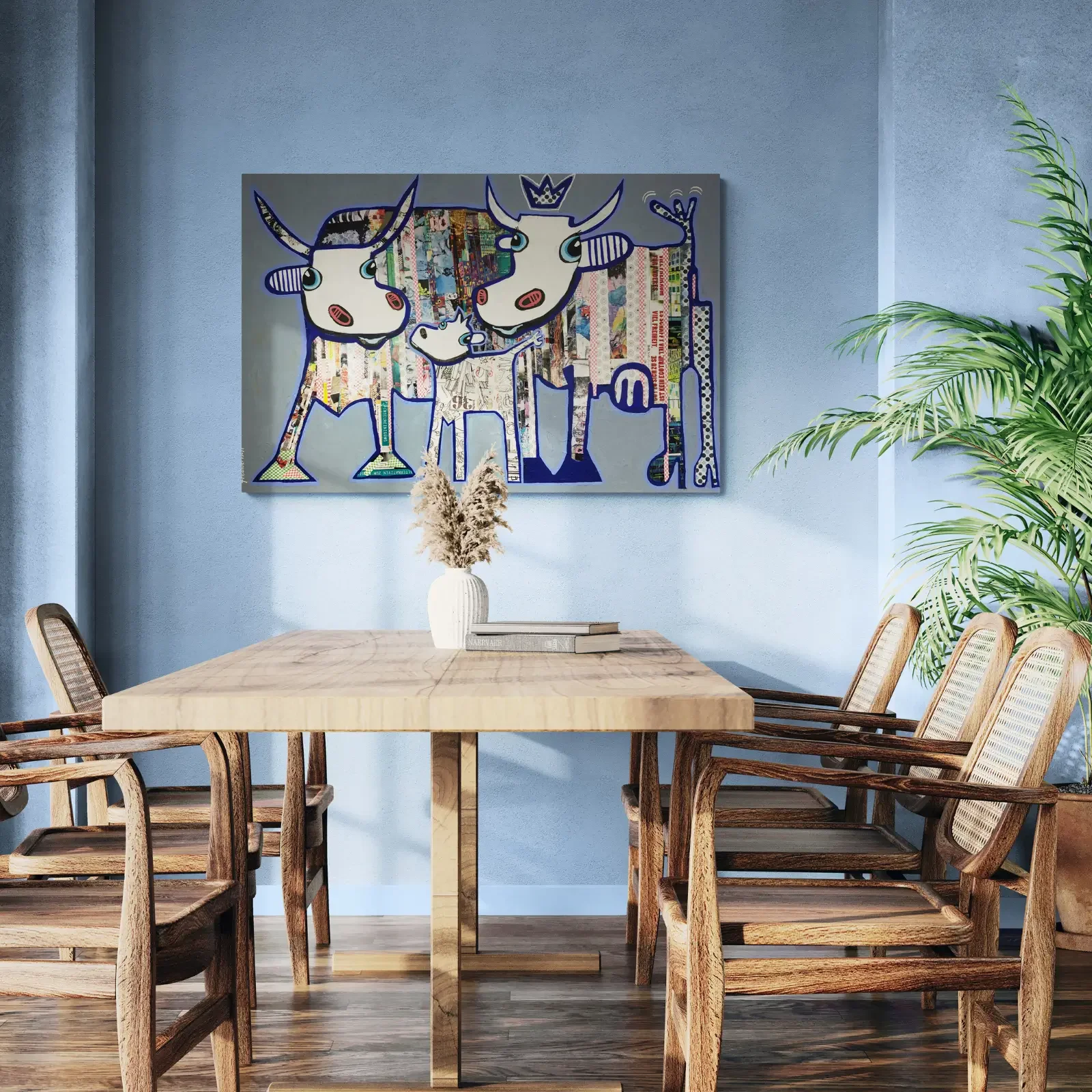 We Are Family – Blue Harmony Edition von Fredi Gertsch, Acryl Collage als Wandbild im Esszimmer, 2020