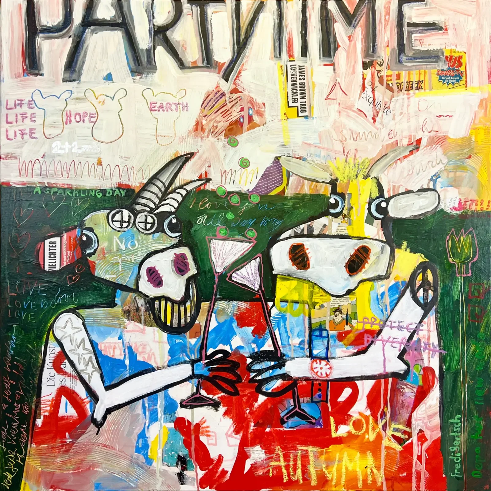 Partytime, Pop Art Acrylgemälde auf Leinwand mit zwei Kühen, Sonnenbrillen und Collage-Elementen, Fredi Gertsch, 2024