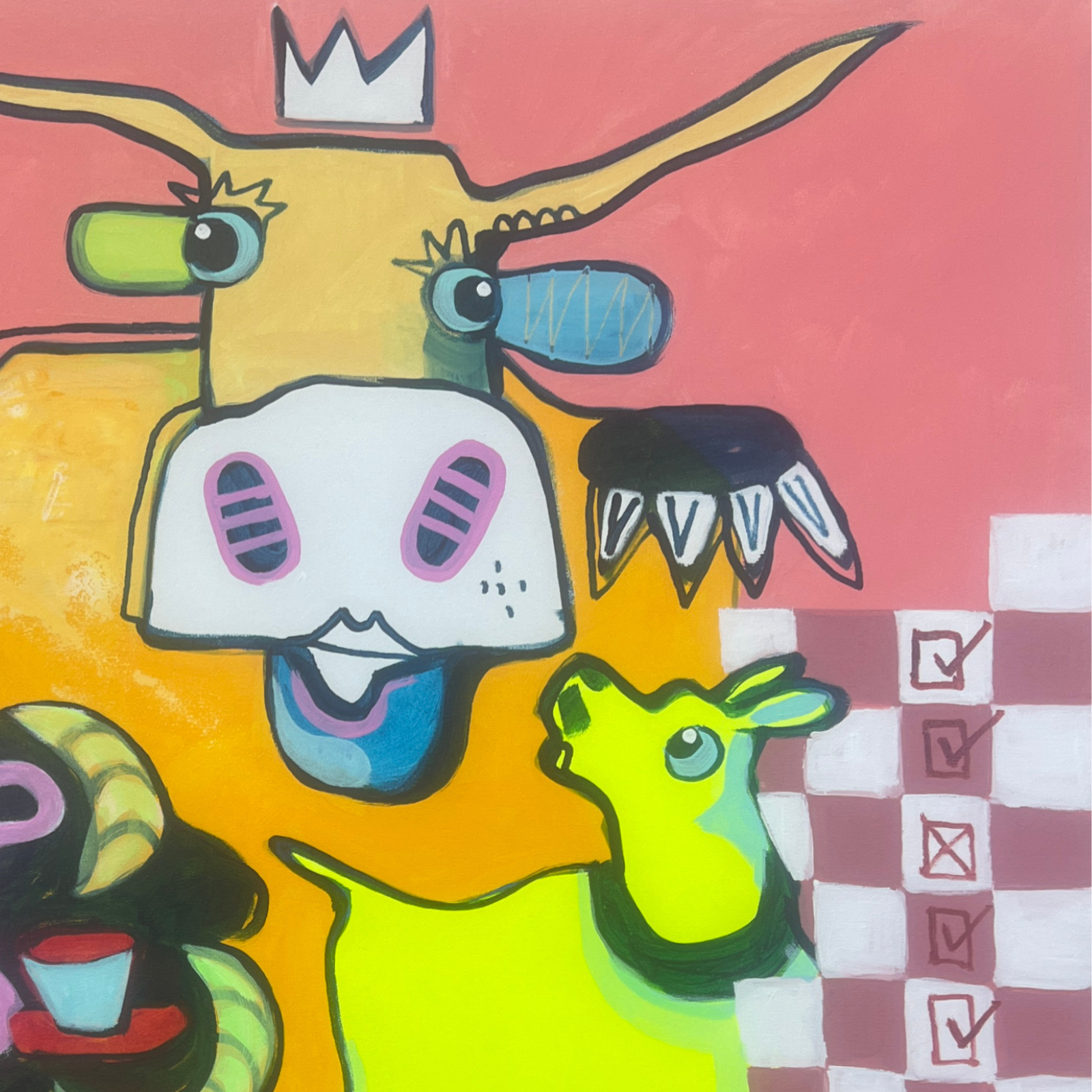 Detail aus KrokoLove – Crown & Croco, Kuhkopf mit Krone und gelbes Tier, Original 2026 von Fredi Gertsch, Acryl auf Leinwand