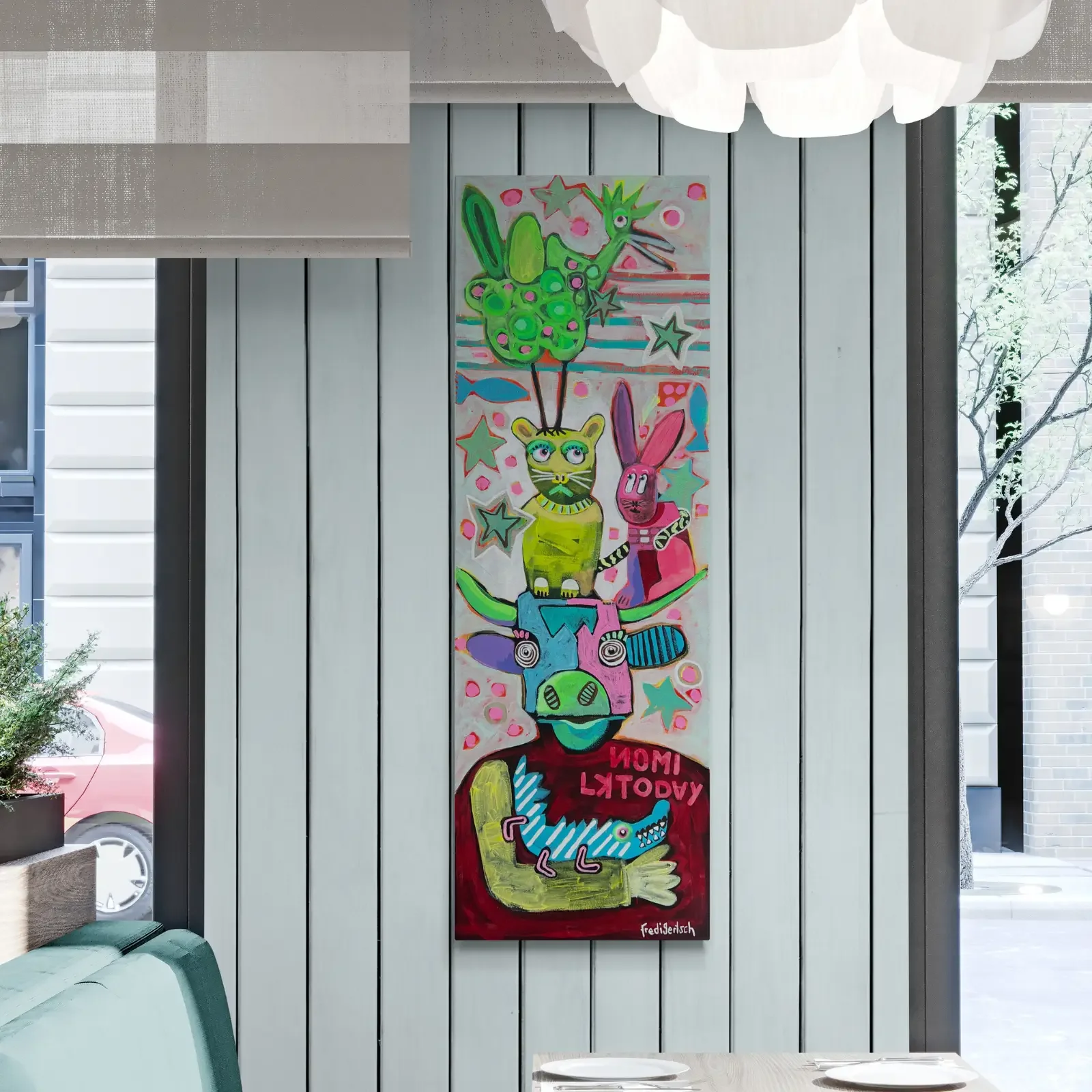 No Milk Today von Fredi Gertsch, Pop Art Acrylgemälde als Wandbild auf Holzvertäfelung, 2024