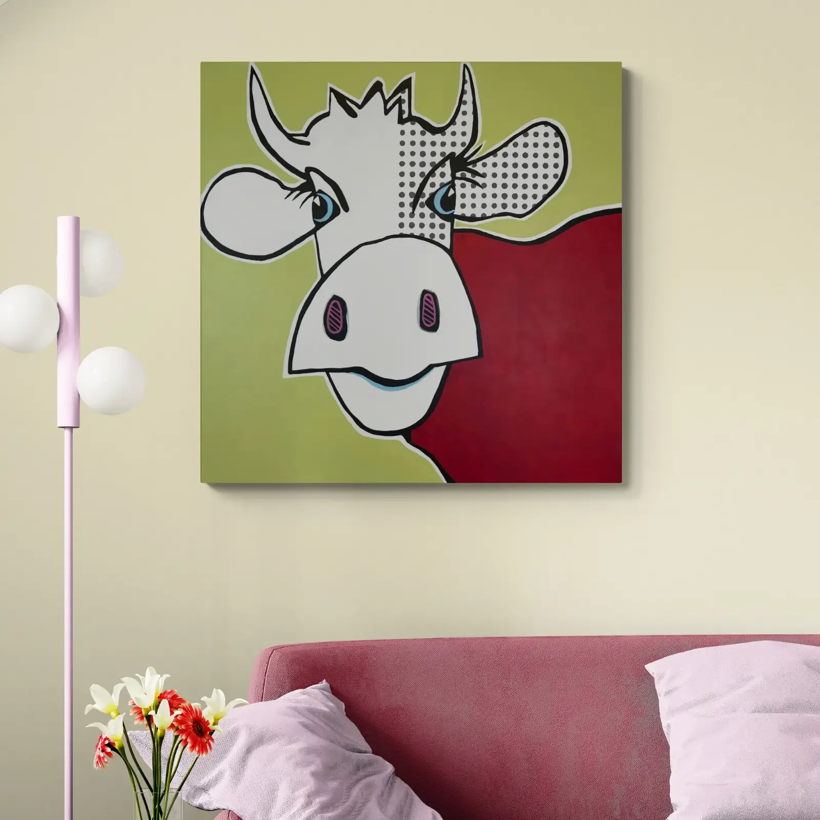 VogelLisi Florence von Fredi Gertsch, Pop Art Wandbild 80 x 80 cm über dem Bett im Schlafzimmer, Schweizer Kunst, 2019