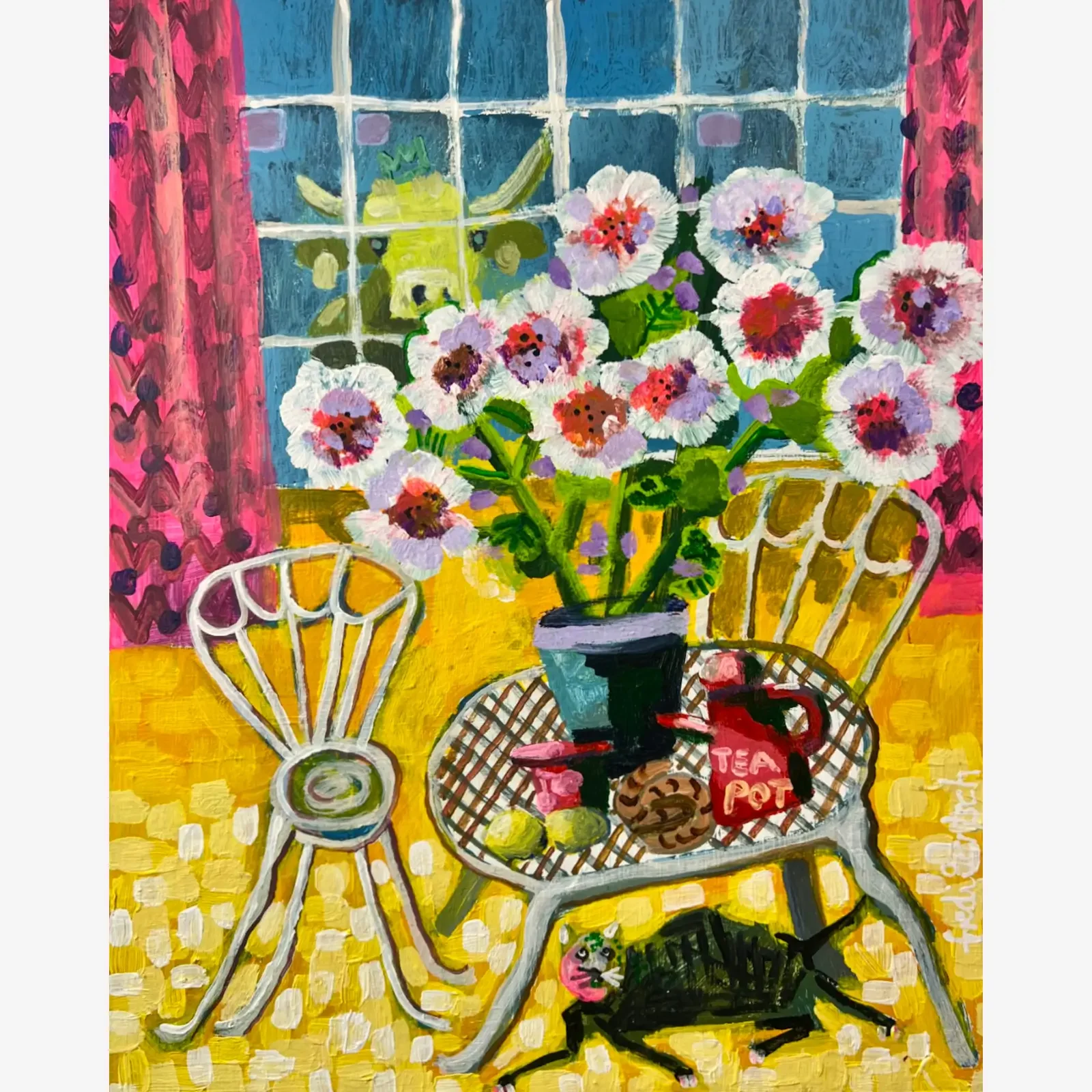 Tea Time im Blütenzimmer, Pop Art Acrylgemälde auf Leinwand mit Blumenstrauss, Teekanne, Tasse und Keks auf gelbem Boden, Fredi Gertsch, 2024