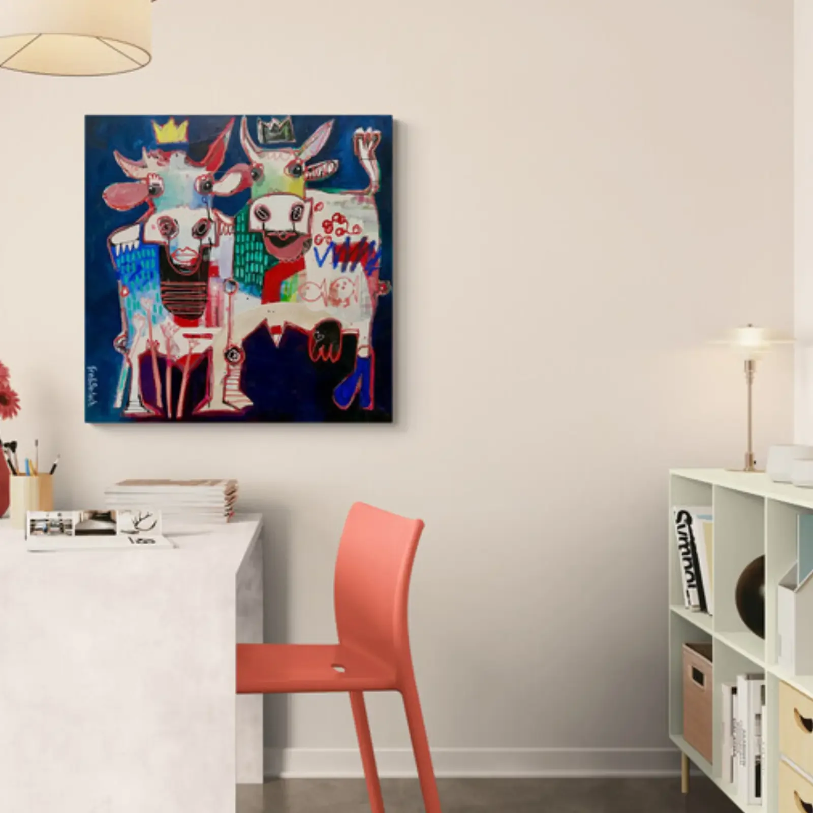 Just Us Two – Crown & Cow als Wandbild im Arbeitszimmer, Original 2026 von Fredi Gertsch, 80x80 cm, Acryl Öl Collage auf Leinwand