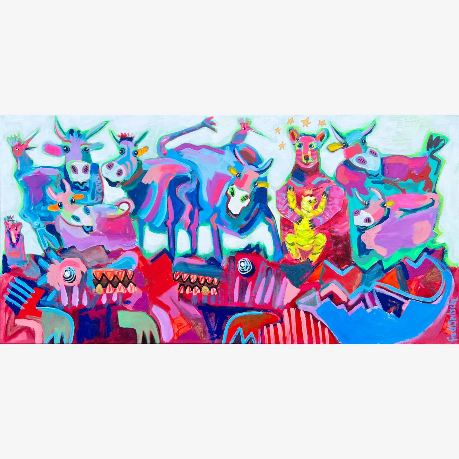 A King Is Born, Pop Art Acrylgemälde auf Leinwand mit bunten Kühen und zentraler Figur mit Krone, Fredi Gertsch, 2024