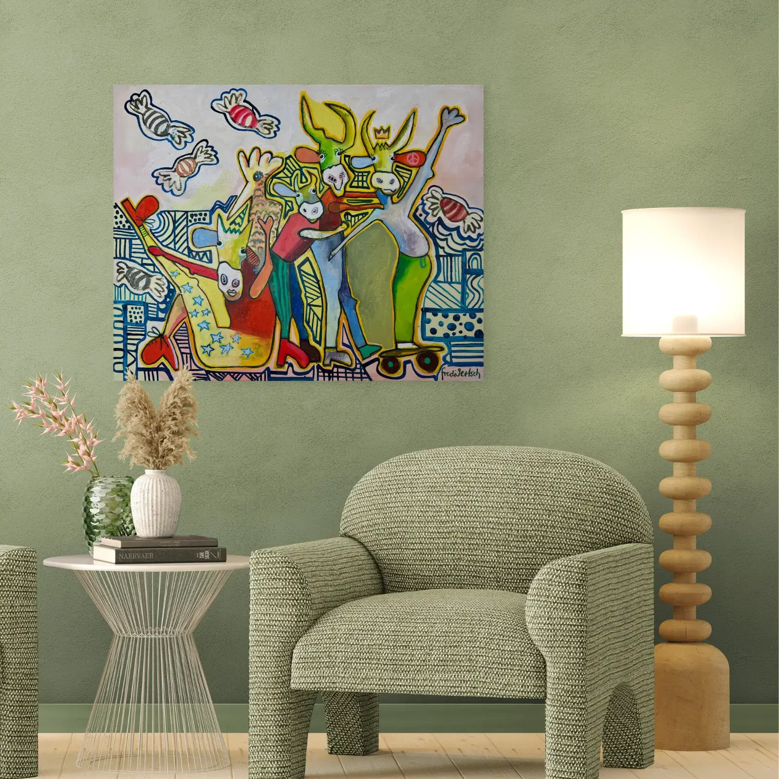 With A Little Help From My Friends – Candy Crew von Fredi Gertsch, Pop Art Wandbild im Wohnzimmer, 2026